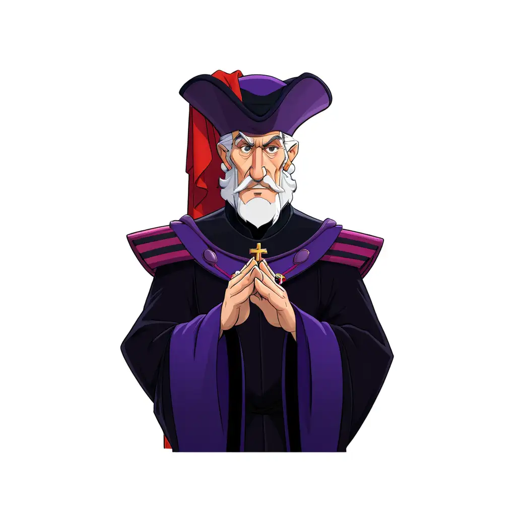 Claude Frollo from disney, minimalist, detailled vector art, colored illustration with a black outline. Frollo is a beardless aging man, shown by his wrinkled, care-worn face and thinning white hair. As the Minister of Justice, Frollo is dressed in a black and purple robe, a purple jumpsuit, a purple and black striped tricorn hat with a red sash attached to the bottom, and black shoulder pads with red stripes. The inside of his shoulder pads are purple. He also wears rings on his fingers, two on the right and one on the left, with the jewels colored blue, red, and green.