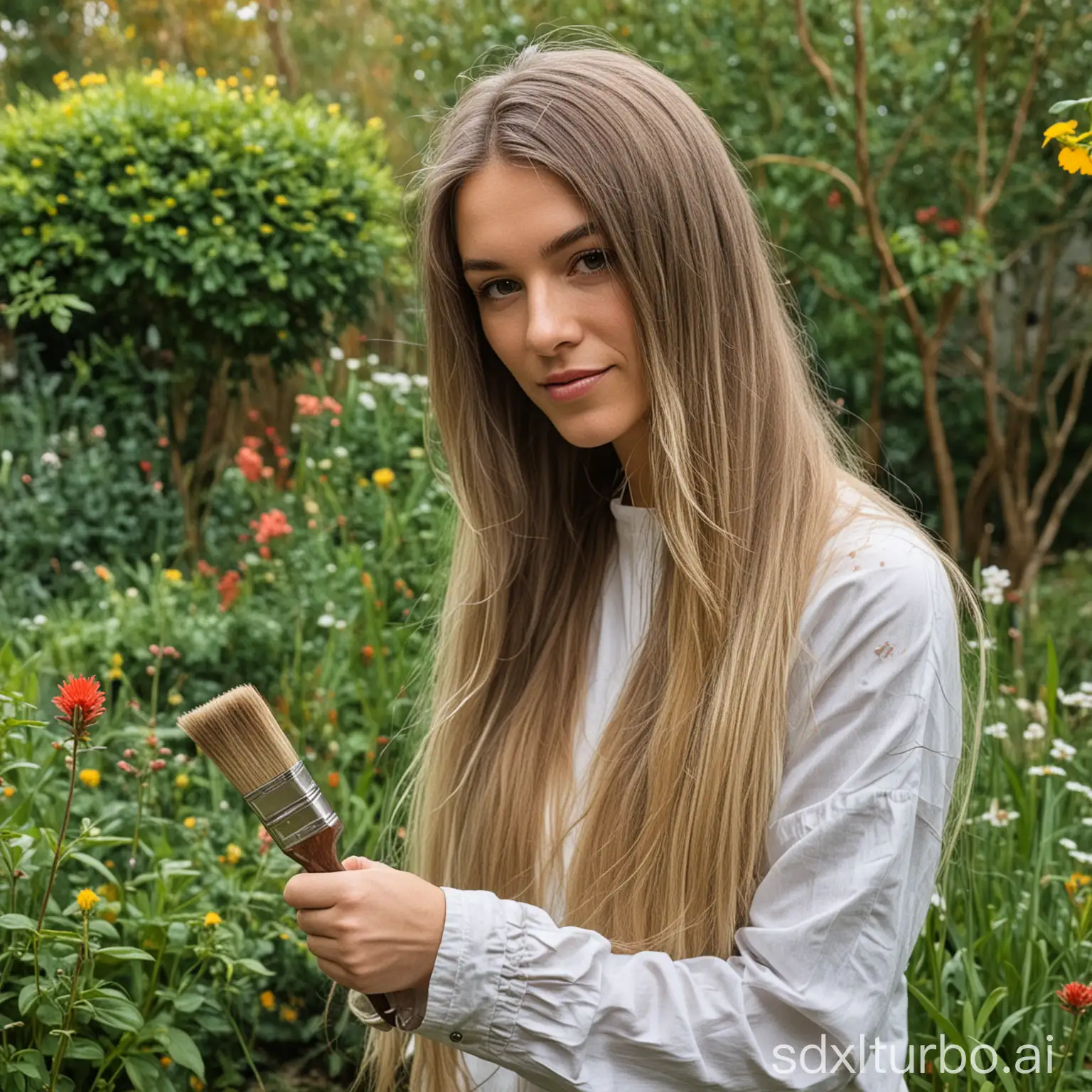 paintbrush with long hair in a garden, 