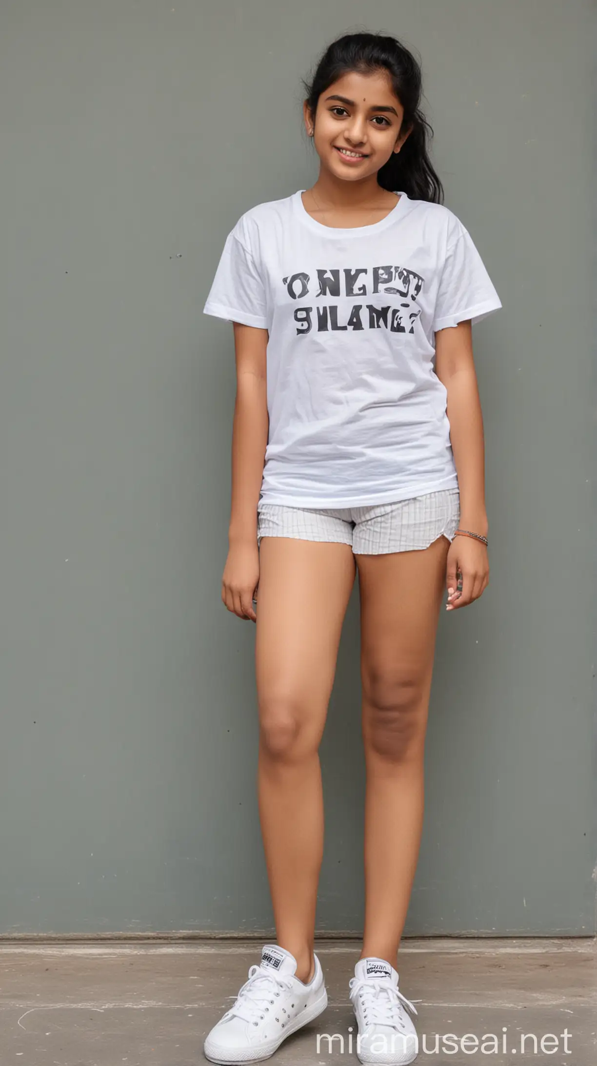 A cute Indian teen girl wearing t-shirt and short  with white sneakers 