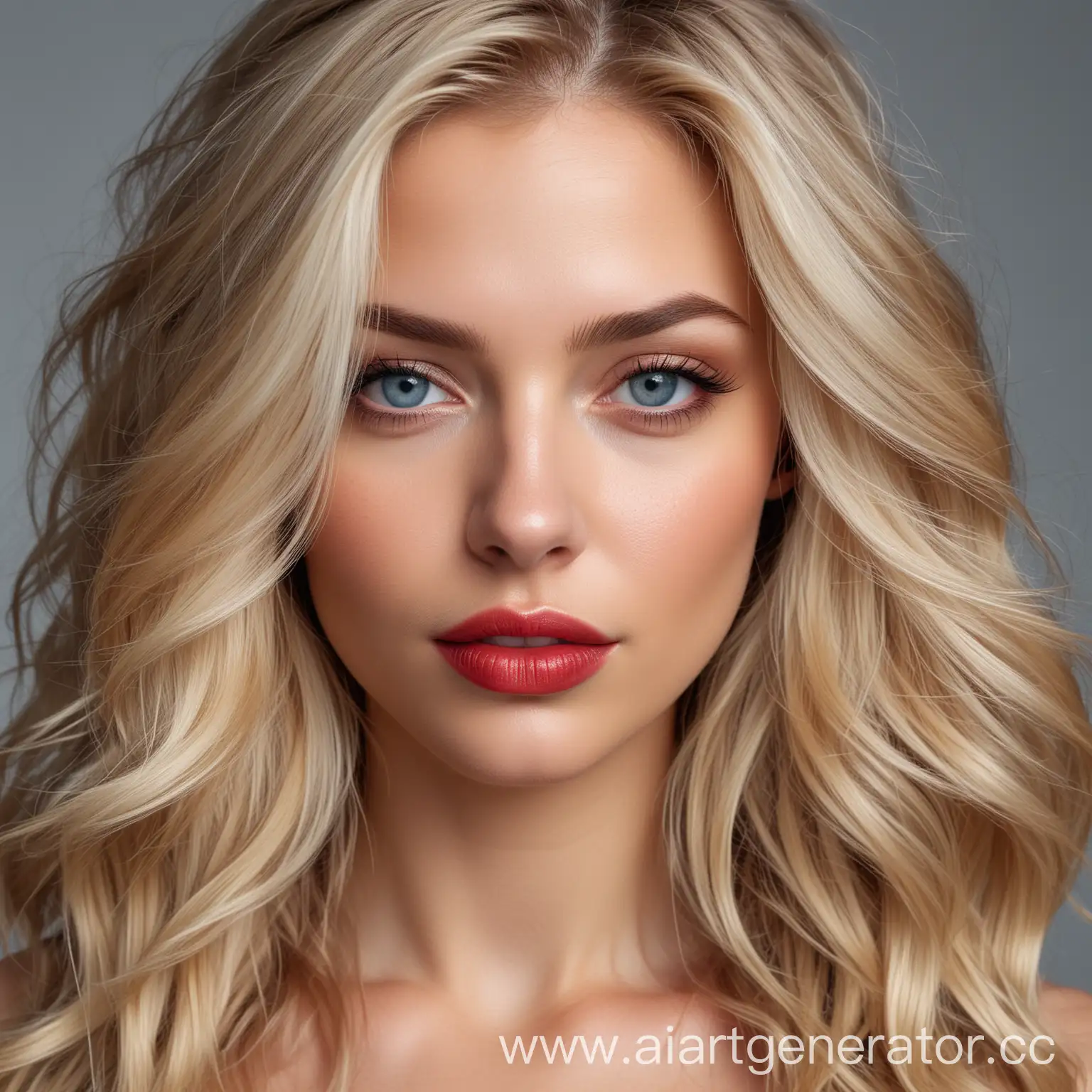 Realistic photo from head to shoulders of a 25 year old lady with voluminous flowing blonde hair with red highlights, deep diamond blue eyes, confident intense look, light red sexy lips, present attitude looking at me. No makeup. Slight smile. She is charming. 