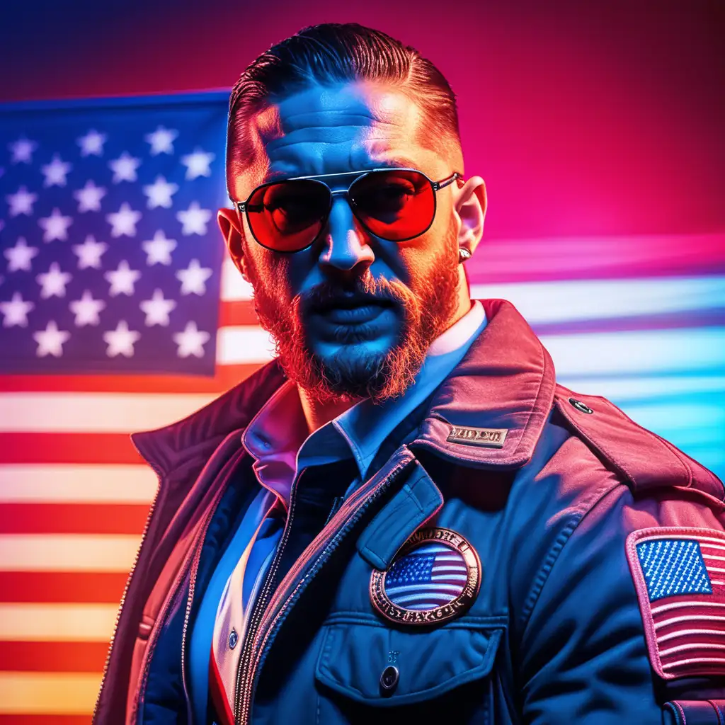 Tom Hardy, a future AI undercover agent, full body image, wearing sun glasses, blue and red light aura, artificial Intelligence, Flag of United states of America in the background
