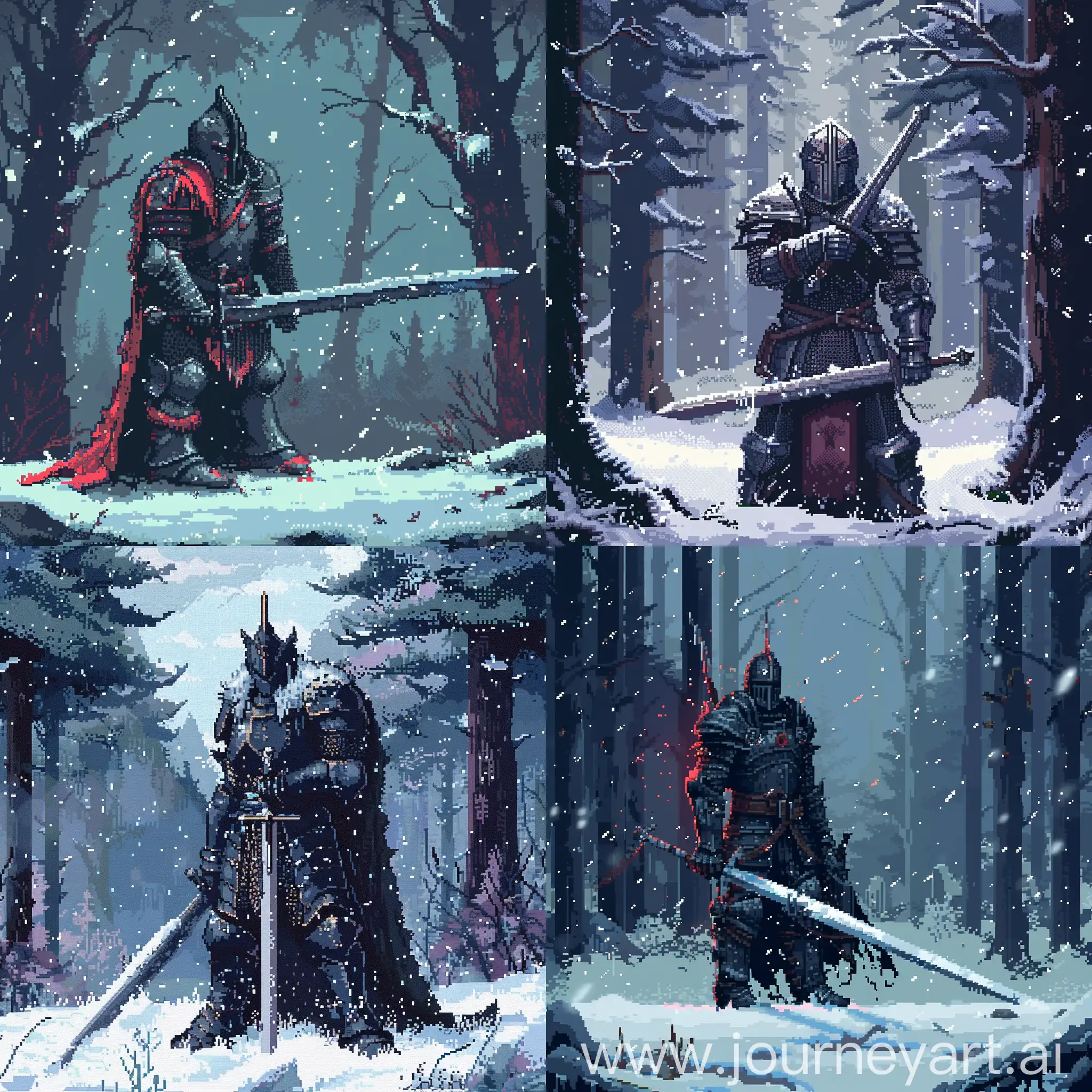 Dark-Fantasy-Pixel-Art-Heavy-Armored-Swordsman-in-Snowy-Forest