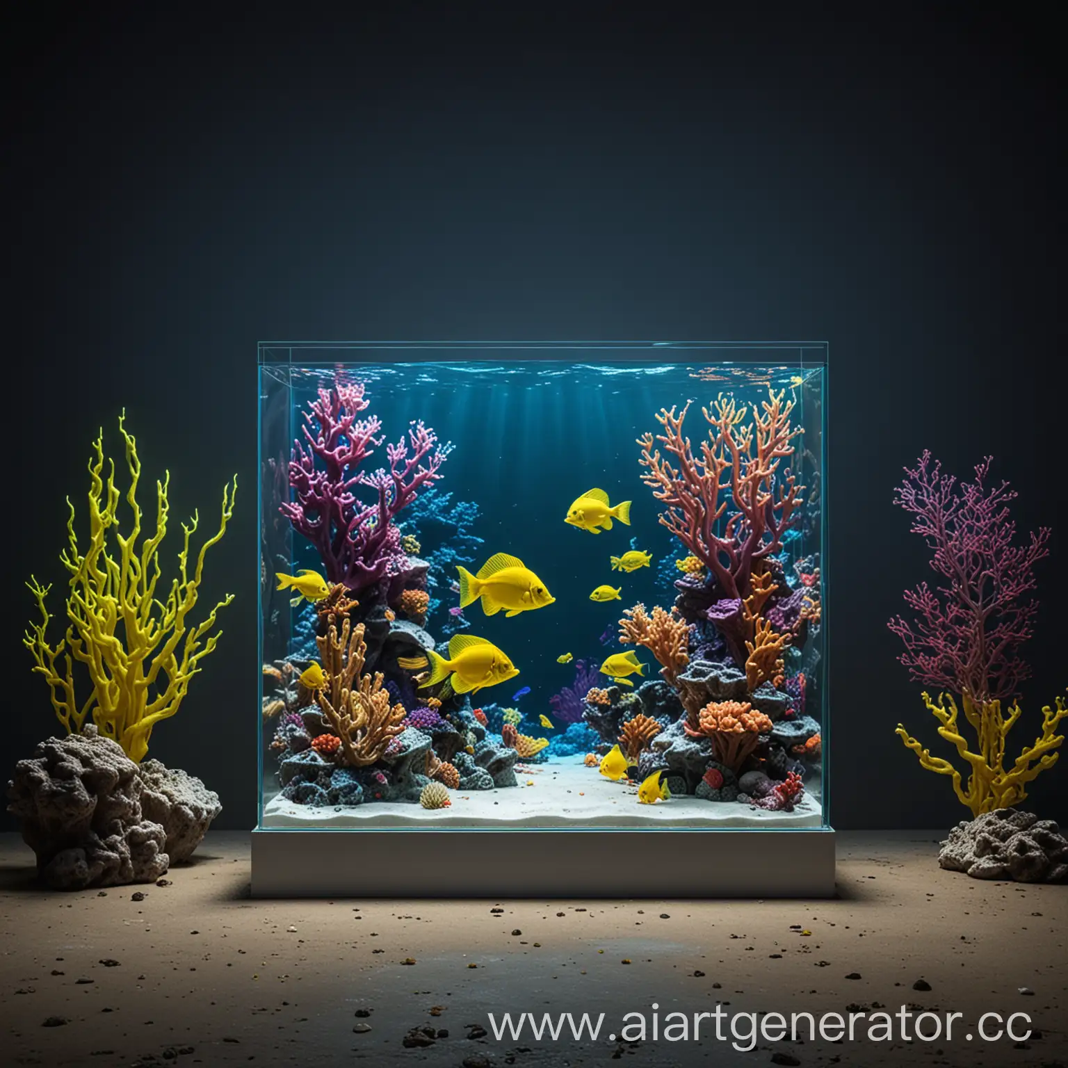 a mockup stand, against the background of a marine reef with neon lighting, yellow fish swimming nearby