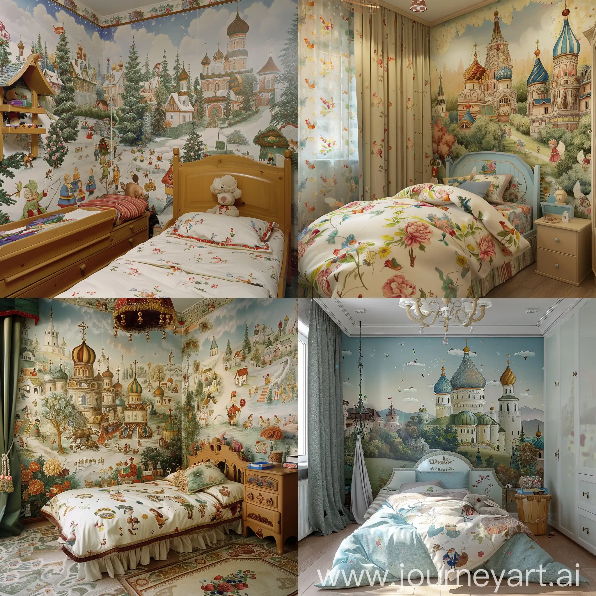 a bedroom in a kindergarten, whose wallpaper is in the style of a Russian fairy tale