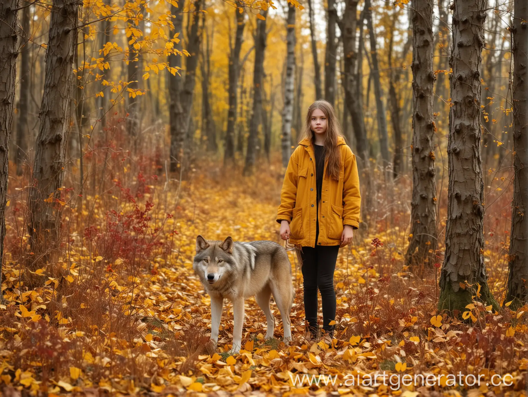 Девочка стоит на осенней поляне, рядом стоит волк, по краям растут кусты с жёлтыми и бордовыми листьями, фон сильно размыт