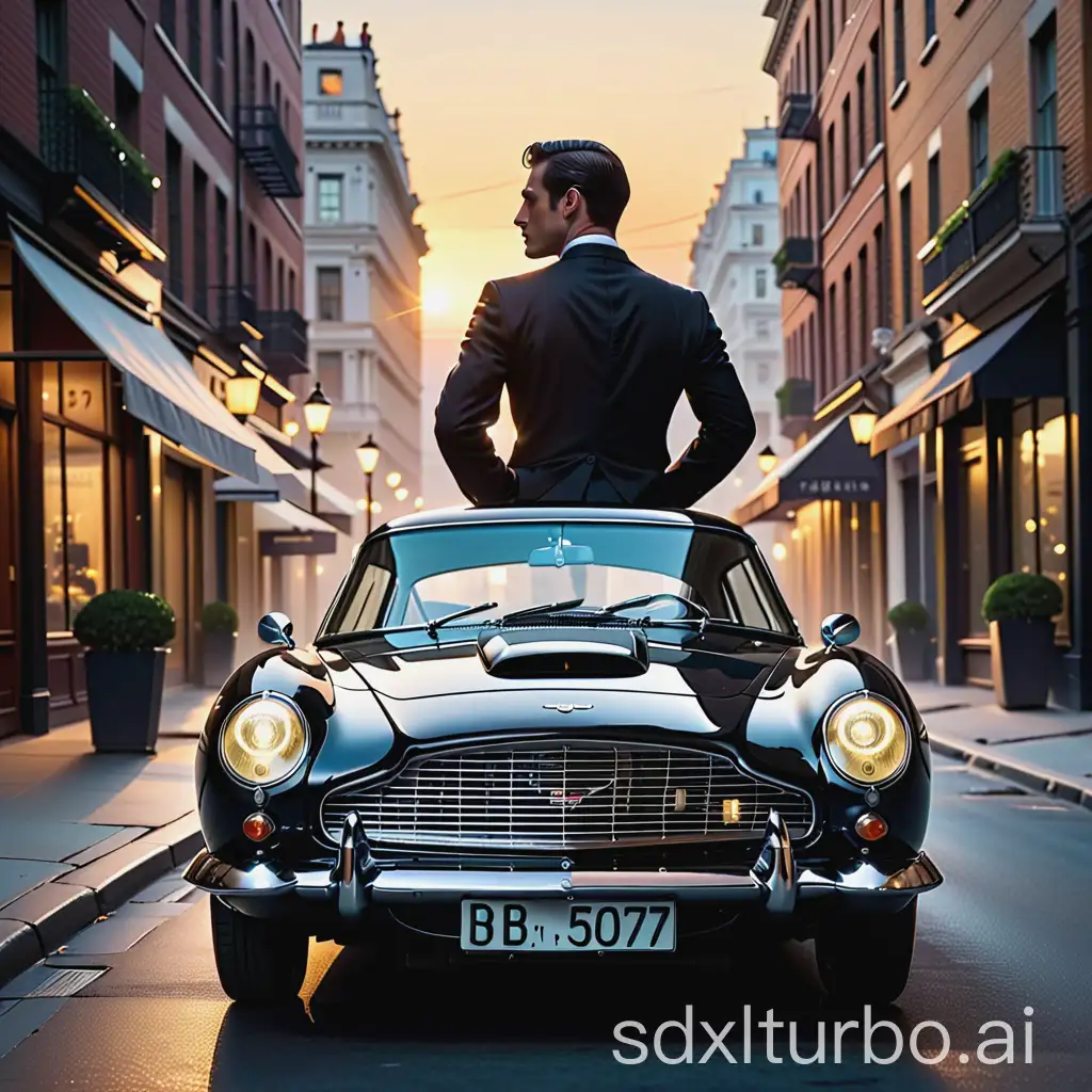 Visualize a mysterious and elegant late evening urban scene that embodies the username 'DB5x007'. At the center, feature a glossy black Aston Martin DB5, gleaming under the dim street lights. The car's license plate creatively displays 'DB5x007'. Nearby, the silhouette of James Bond is visible. He is dressed in a black tuxedo, standing in an iconic pose, looking towards the horizon. His profile is highlighted by the setting sun. The background should include a blurred city skyline, emphasizing the car and silhouette, creating an atmosphere of mystery and sophistication typical of a spy thriller.