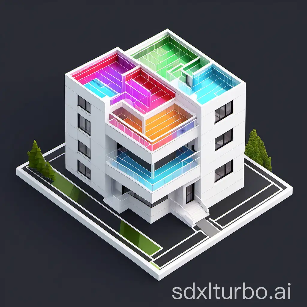 white residential house, layout segmentation with color tags, flat roof,  isometric view, black background, 2 story