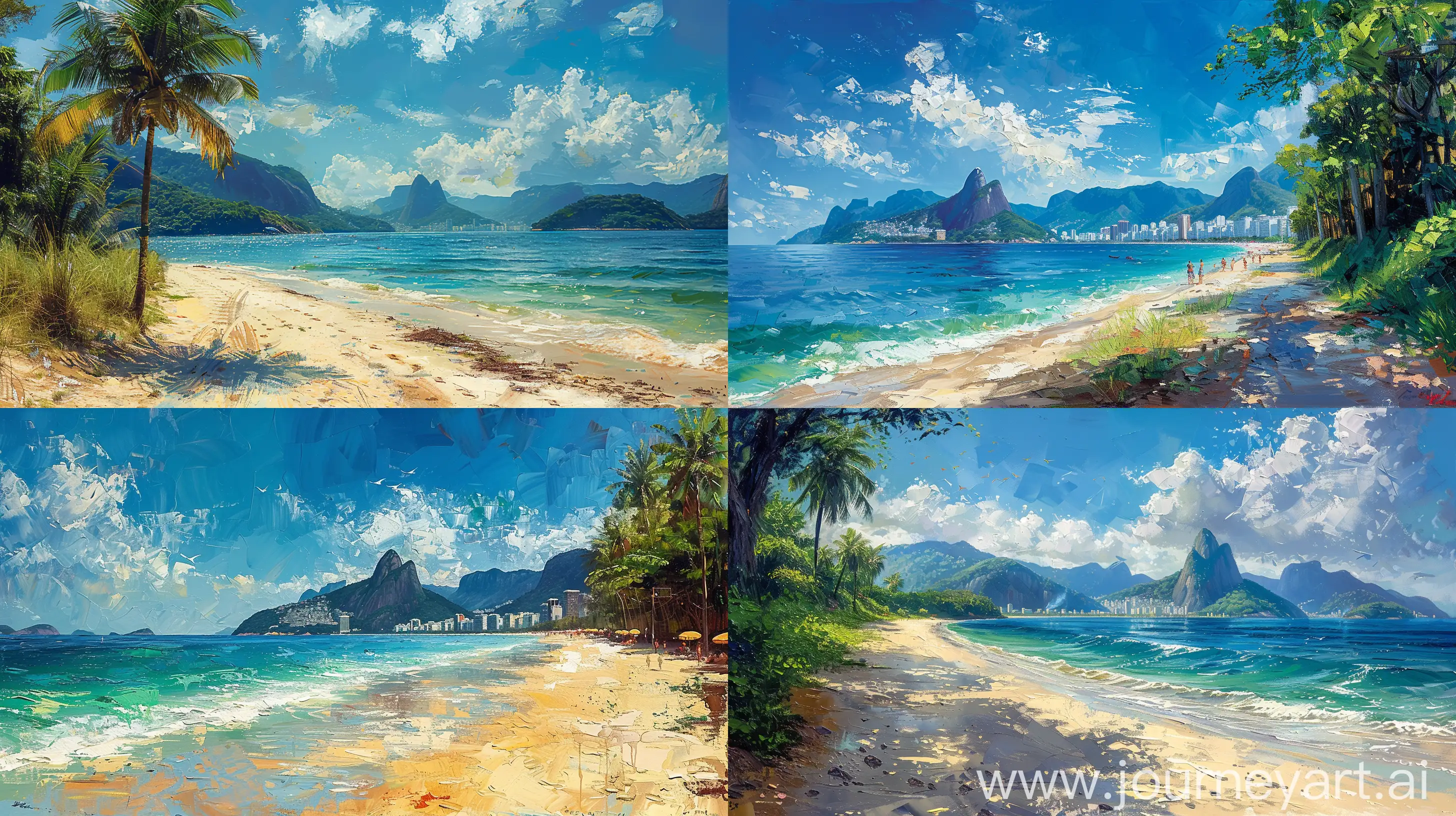 rio de janeiro, summer, sunny day, in the style of most popular oil paintings, vibrant colors, realistic shadows, realistic reflections, detailed brush strokes, textured canvas effect, high detailed, high resolution --stylize 750 --ar 16:9