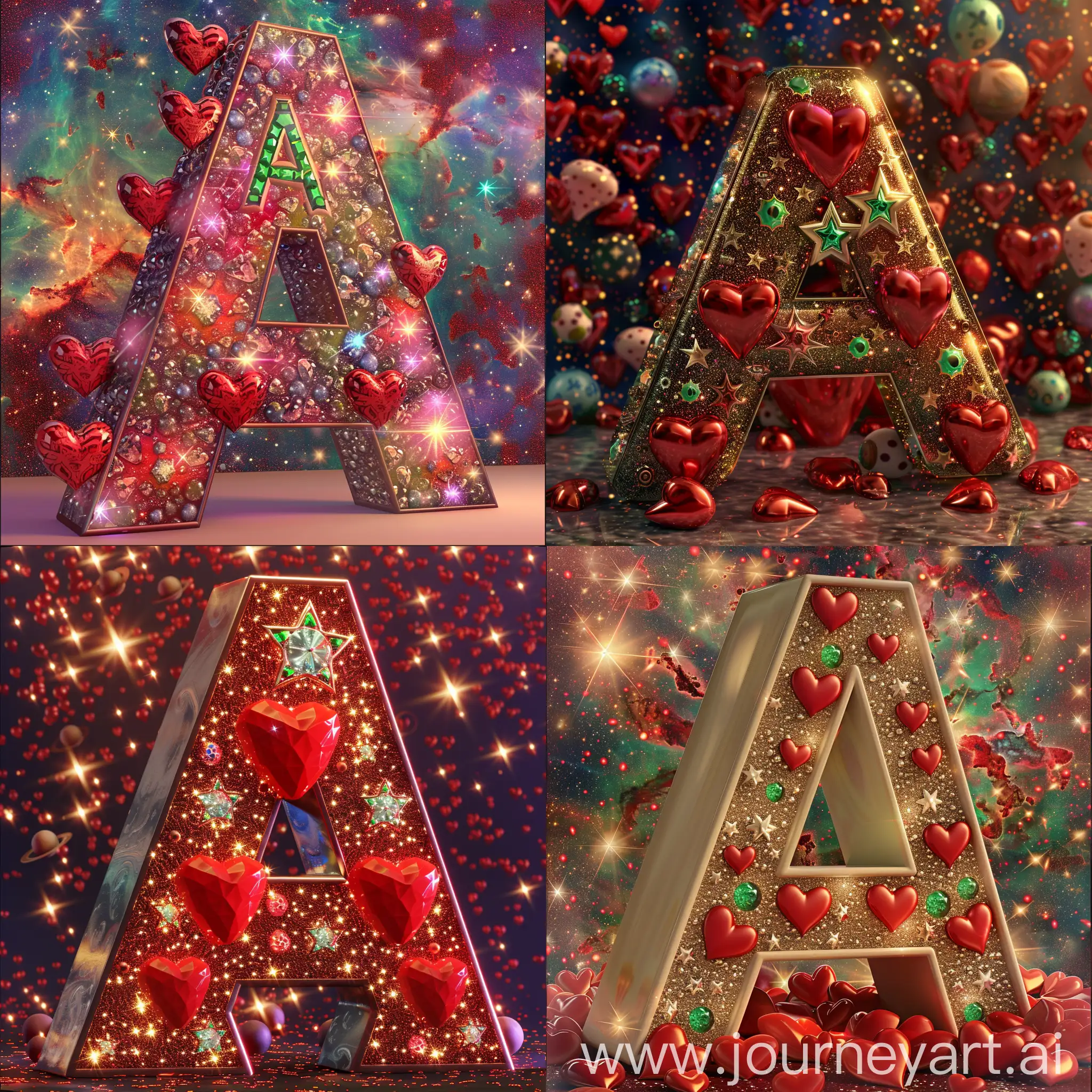 the letter "A" 3D, inside it stars and constellations and galaxies, high quality, best quality, surrounded by red hearts studded with emeralds and diamonds like the shine of a star, textured background in an explosion of colors in a large speech, expressions of smooth image, very detailed, vibrant colors, intricate, ultra realistic, 8k, cinematic, extremely beautiful.