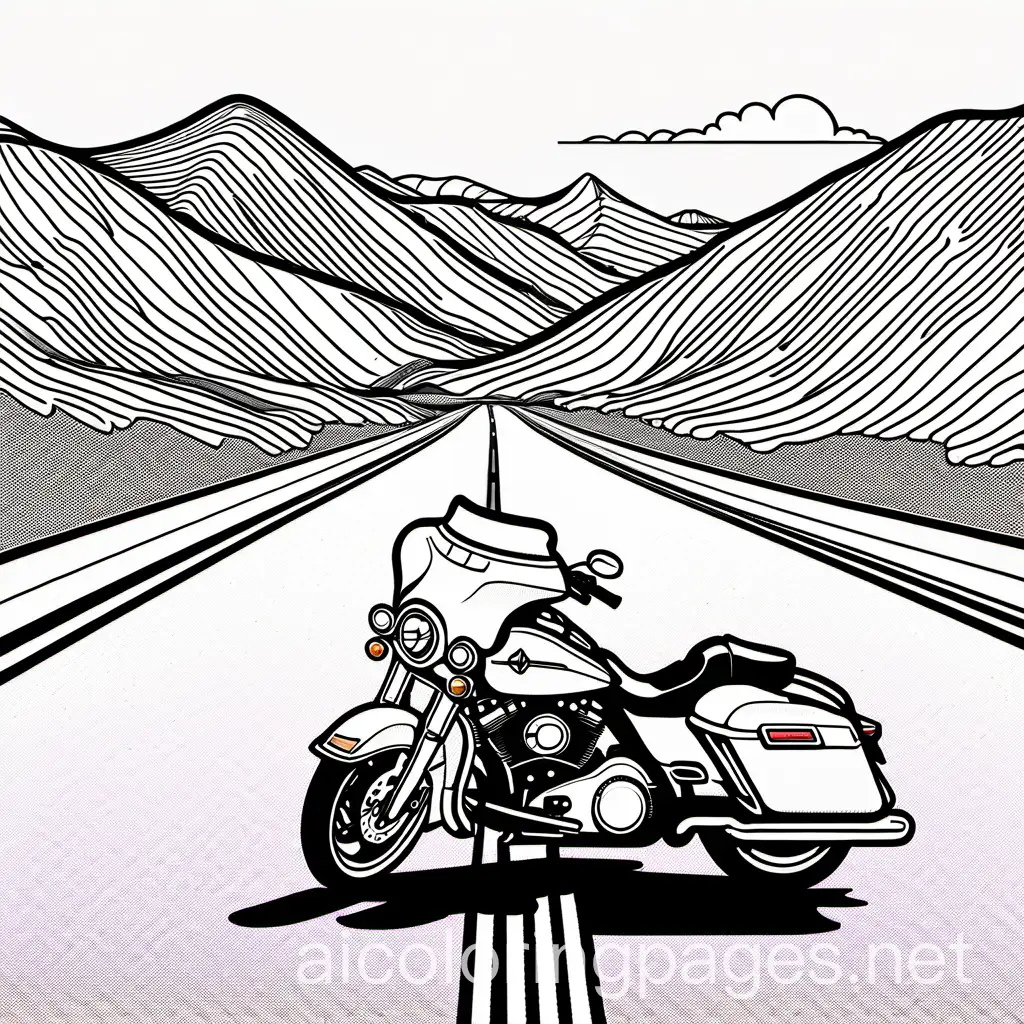 Harley motorcycle on deserted american highway, mountains in the back, no driver, line art, no fences, wide and desolate, Coloring Page, black and white, line art, white background, Simplicity, Ample White Space. The background of the coloring page is plain white to make it easy for young children to color within the lines. The outlines of all the subjects are easy to distinguish, making it simple for kids to color without too much difficulty, Coloring Page, black and white, line art, white background, Simplicity, Ample White Space. The background of the coloring page is plain white to make it easy for young children to color within the lines. The outlines of all the subjects are easy to distinguish, making it simple for kids to color without too much difficulty