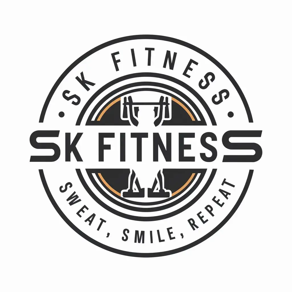 a logo design,with the text "Sk fitness", main symbol:create a round logo  with gym pic in middle and in top include sk fitness and in bottom include sweat,smile and repeat,Moderate,be used in Sports Fitness industry,clear background
