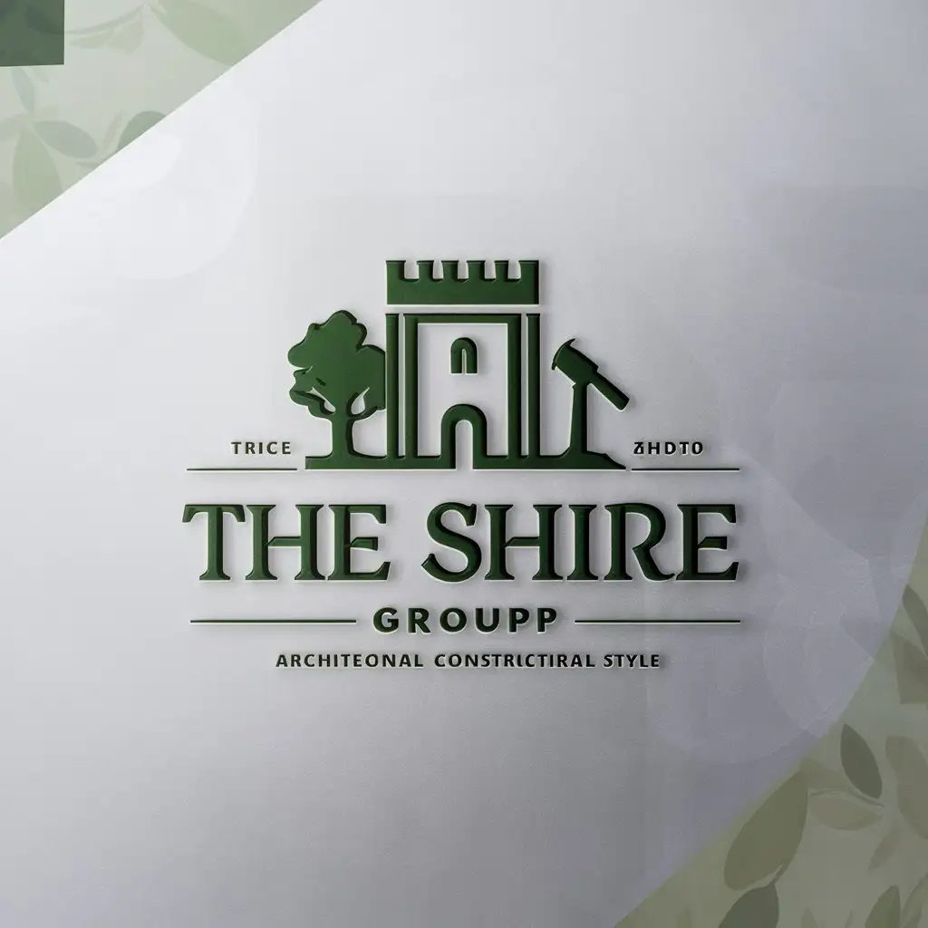 a logo design,with the text "Shire Group", main symbol:Create a logo for my company called Shire Group. The style should be traditional, with a color palette that includes green. It could be only green or green with other colors. Shire Group is a construction and real estate development company specializing in traditional stone construction homes and development of agricultural neighborhoods. Our homes are natural, built in a traditional style, and connected to the outdoors, durable, and oriented to community interaction. The people who buy our homes value living in community, participating in the production of food, enjoy homesteading, appreciate historical architectural styles, and enjoy the outdoors. Many of the people interested in our homes are religious and appreciate the religious art in our neighborhoods. Some symbols that we connect with our brand: castle, tower, shield, tree, livestock, market, medieval or renaissance fonts and styles, fantasy fiction stories, hammer, chisel.,Minimalistic,be used in construction and real estate development company industry industry,clear background
