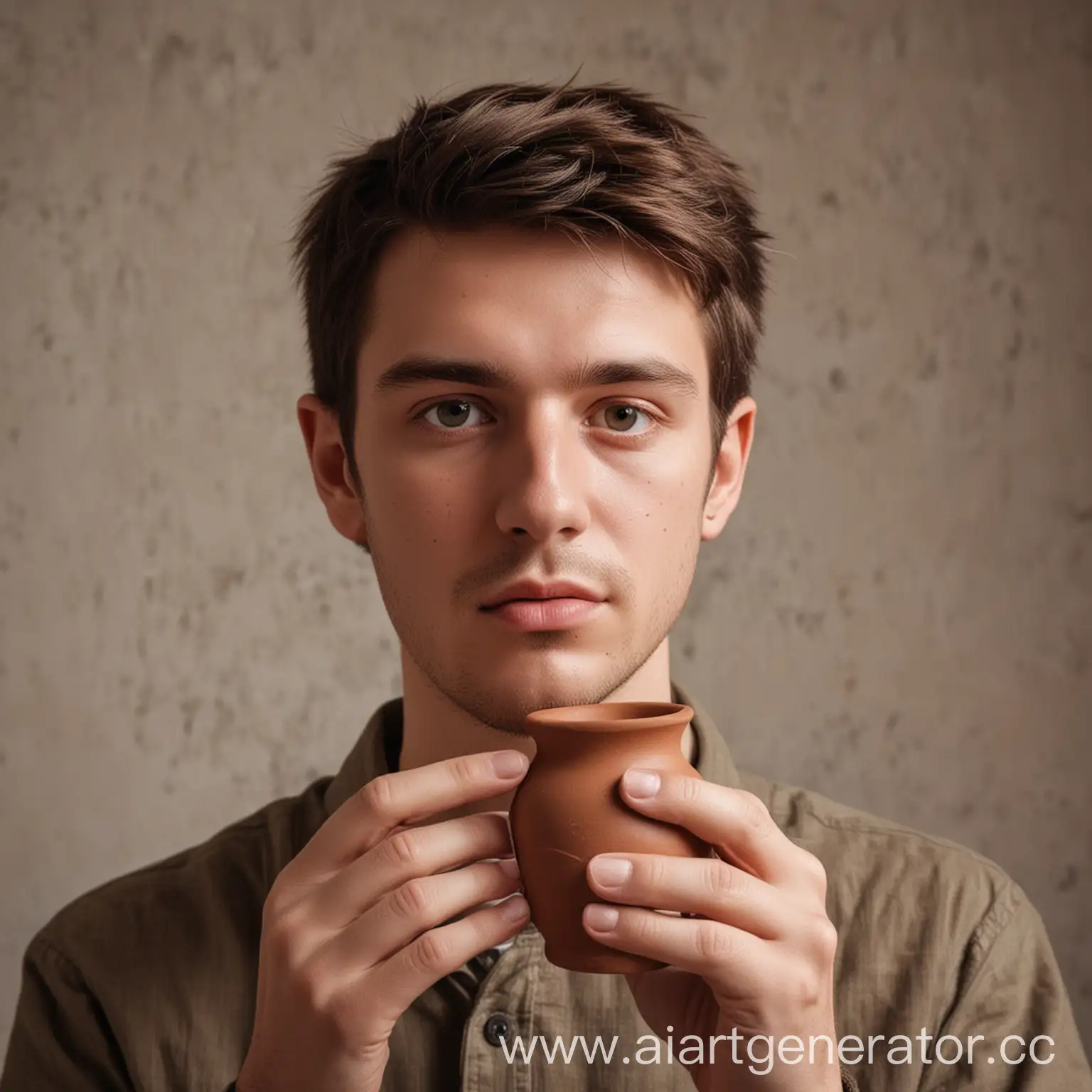 The guy holds a small clay vase, looks inside