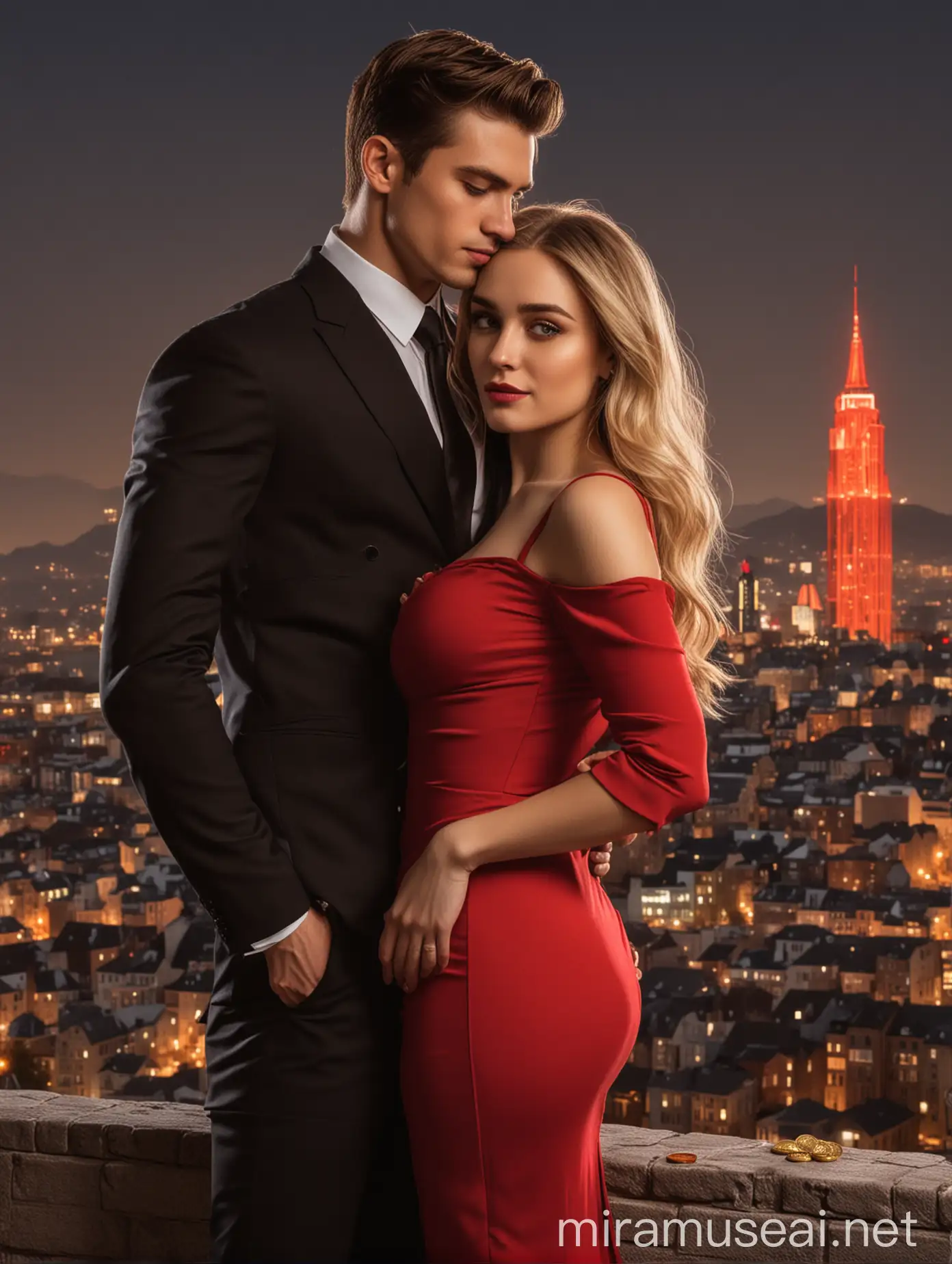 A beautiful woman in a hot fitted black and red dress, leaning against a handsome young man in suit, with a golden luminous city behind them, and a coin glowing below them