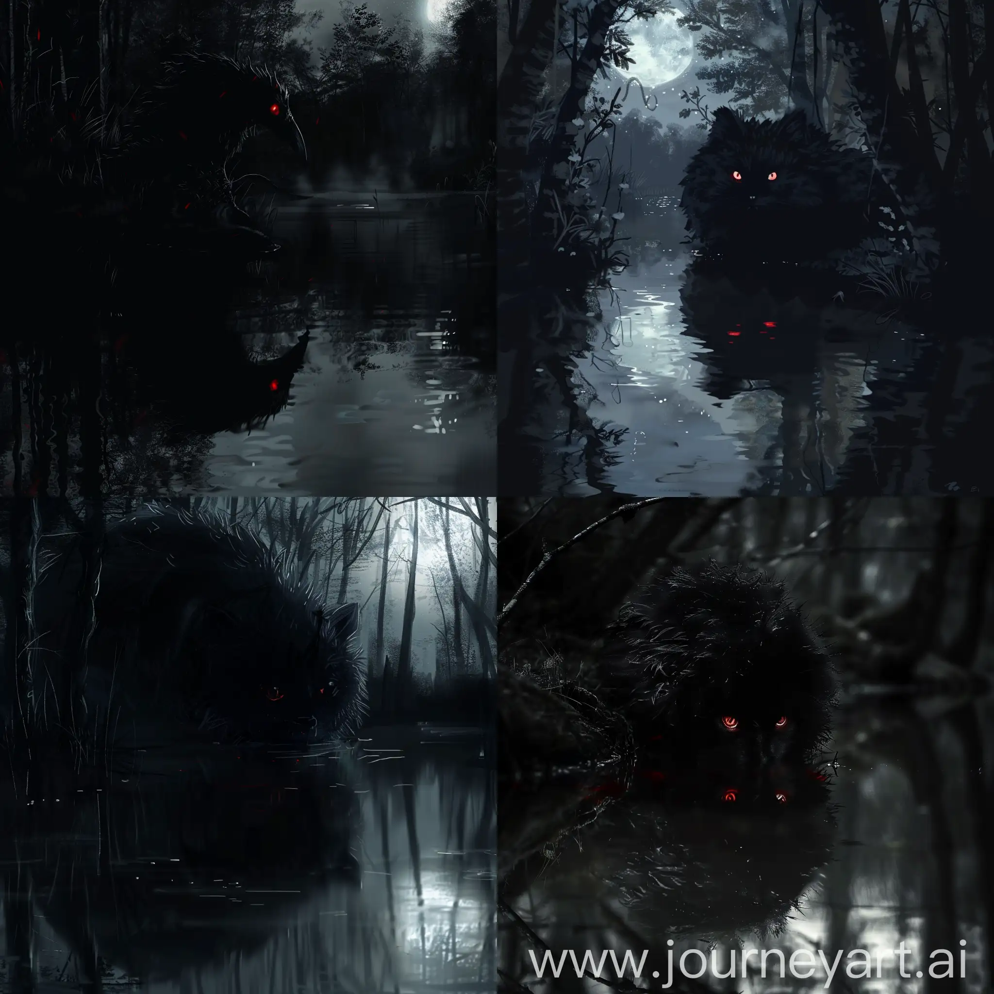 Зловещий кокатрис в тёмном лесу, полностью чёрный. Лишь его глаза блистают кроваво-красным, отражаясь в залитой луной, словно молочной, реке.
