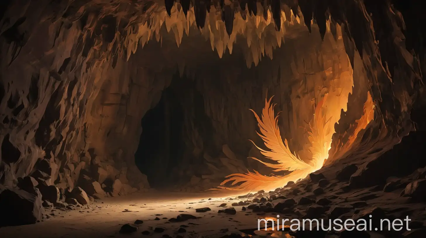 Mystical Cave with Dancing Shadows and Phoenix Glow