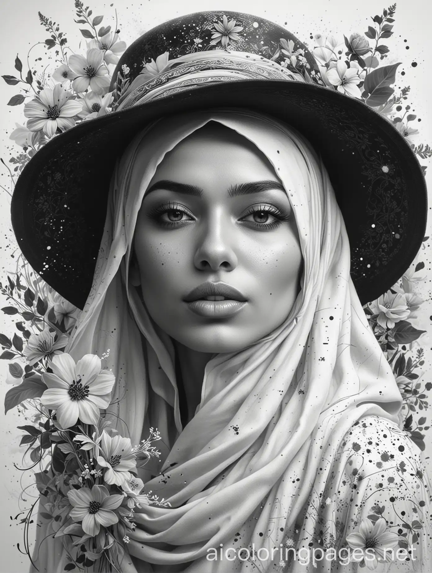 A monochromatic portrait of a woman wearing a hijab and a broad-brimmed hat adorned with flowers. Her expression is serene as she gazes downward. The background features a mix of smoky and splatter effects, blending seamlessly with floral elements. The overall aesthetic is artistic and elegant., Coloring Page, black and white, line art, white background, Simplicity, Ample White Space