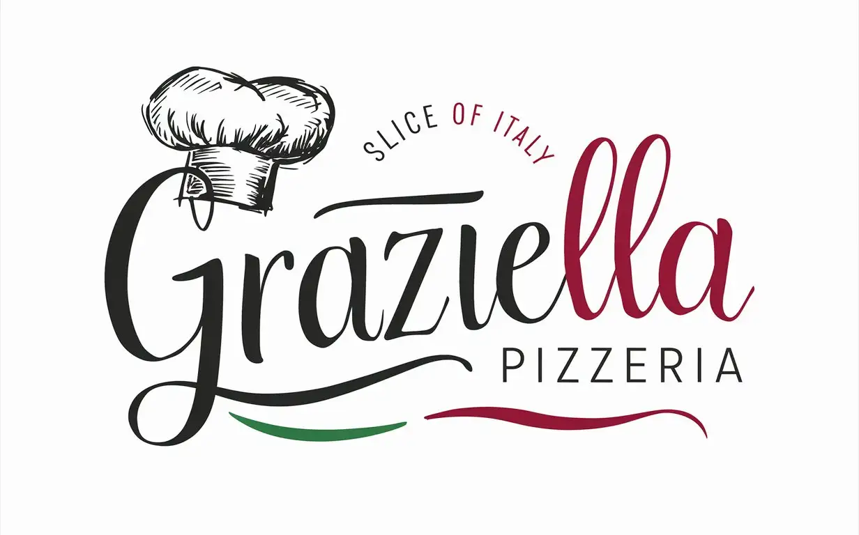 Handwriting Graziella Pizzeria logo, Restaurant logo, Italian colors, Sketched chef's Hat, Slogan, Slice of Italy,