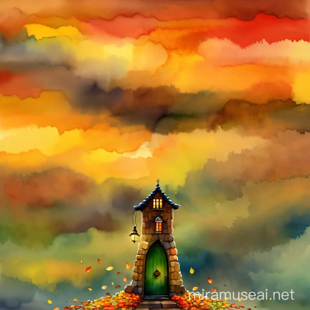 осень, дождь, город, улицы мощенные разноцветными булыжниками, уютный дом с теплыми окошками и с колокольчиком над дверью,  watercolour style by Alexander Jansson