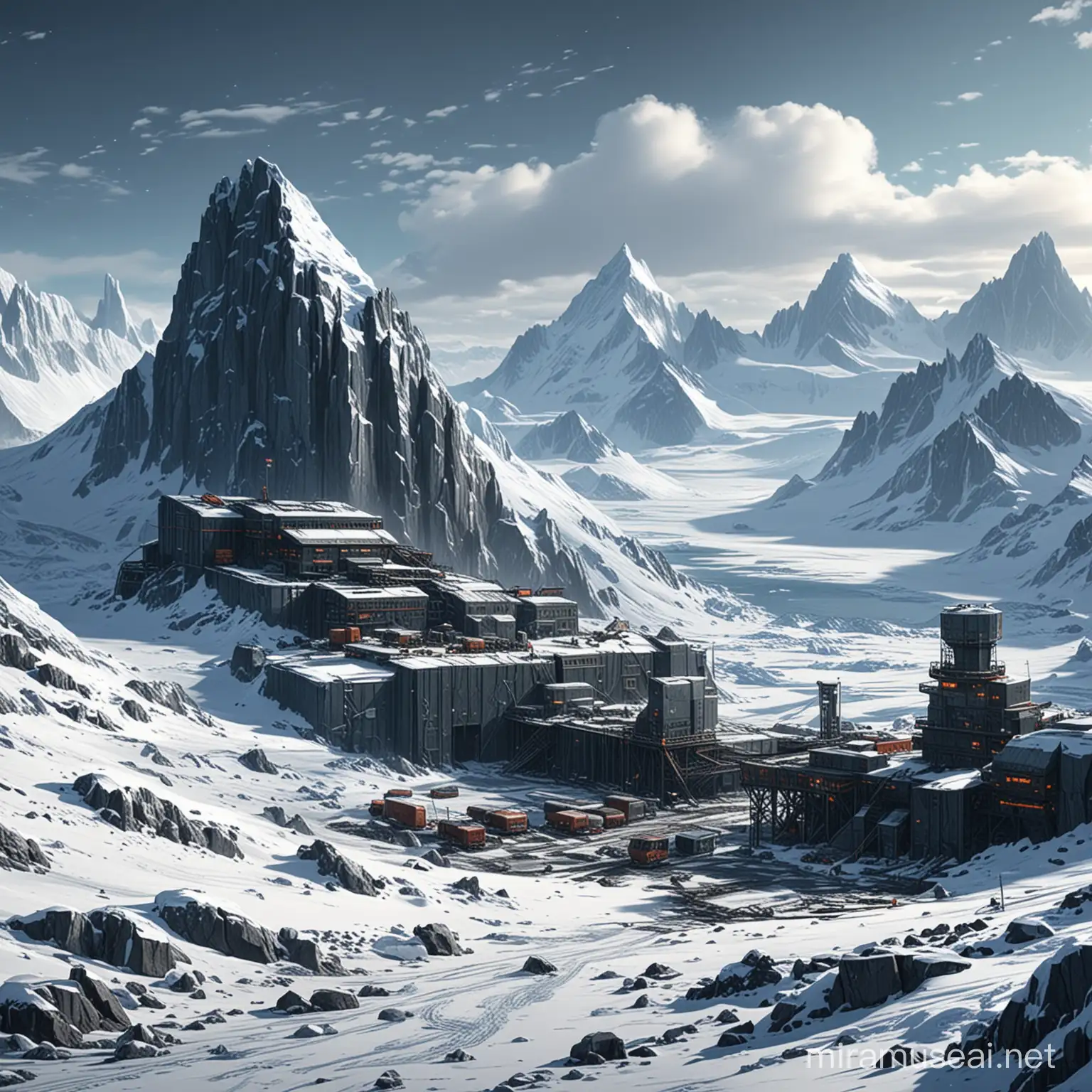 sci fi dystopia antarctic mountains mining station comics style