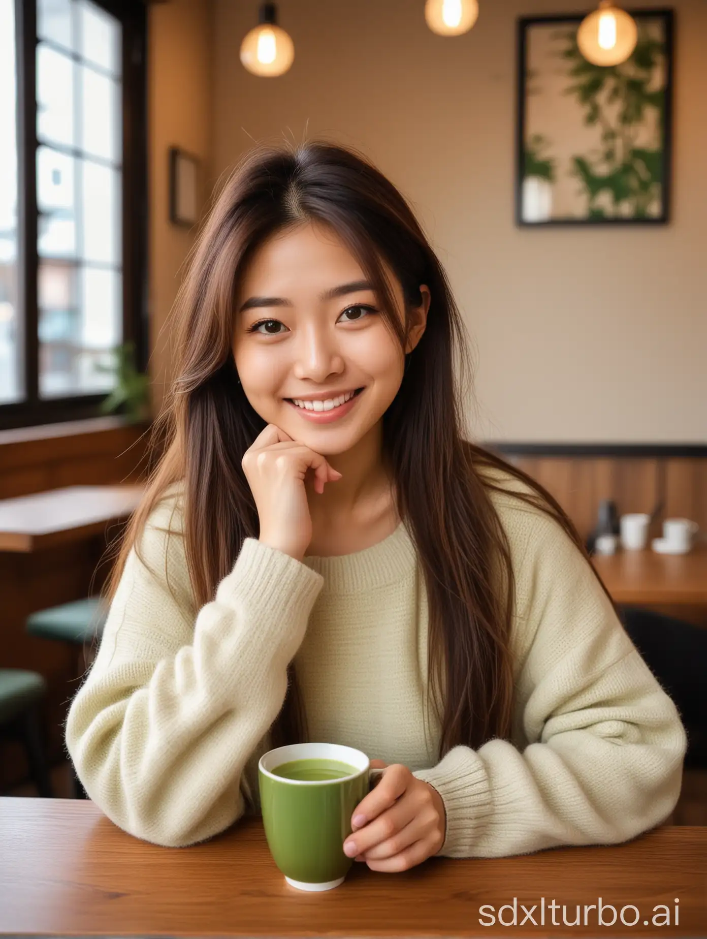 A 24-year-old Japanese girl, long hair, beige sweater, in a cozy cafe, cup of matcha, smiling