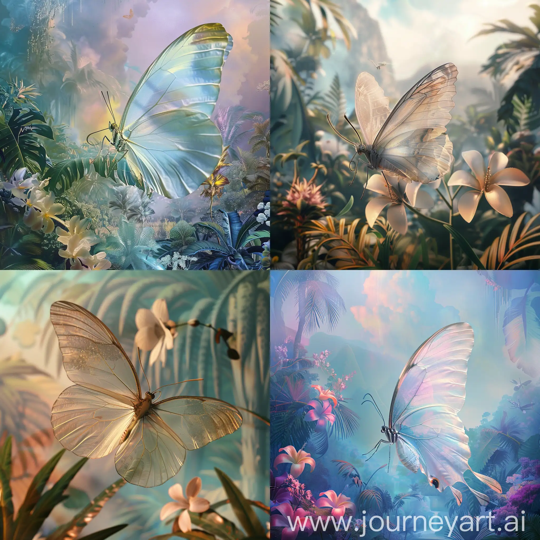 an ethereal butterfly in a beautiful tropical scenery, pastel style, as iPhone background