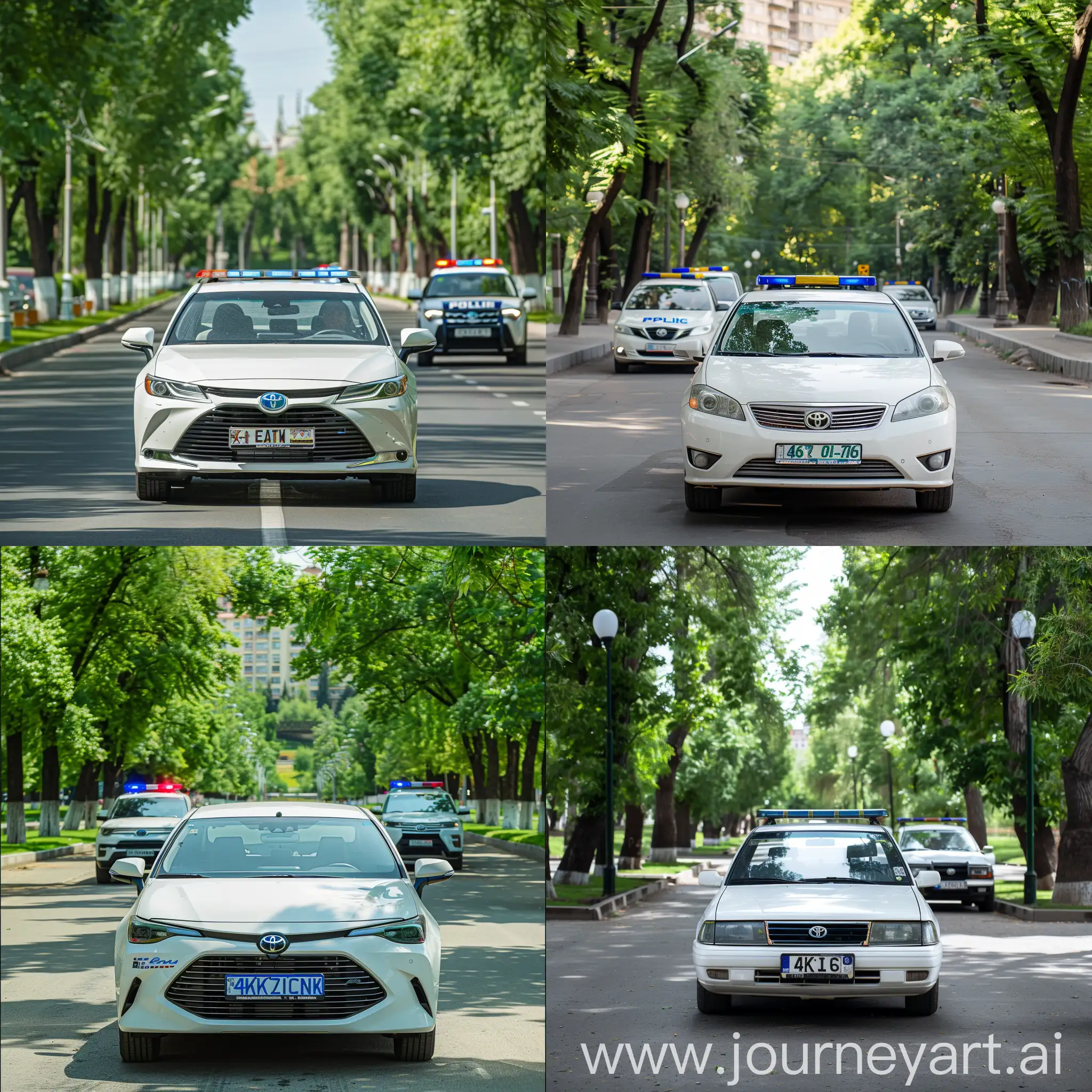 Toyota Estima is white, Armenian state license plate, Almaty city, there are many green trees around, two patrol police cars nearby, 4K, clear image