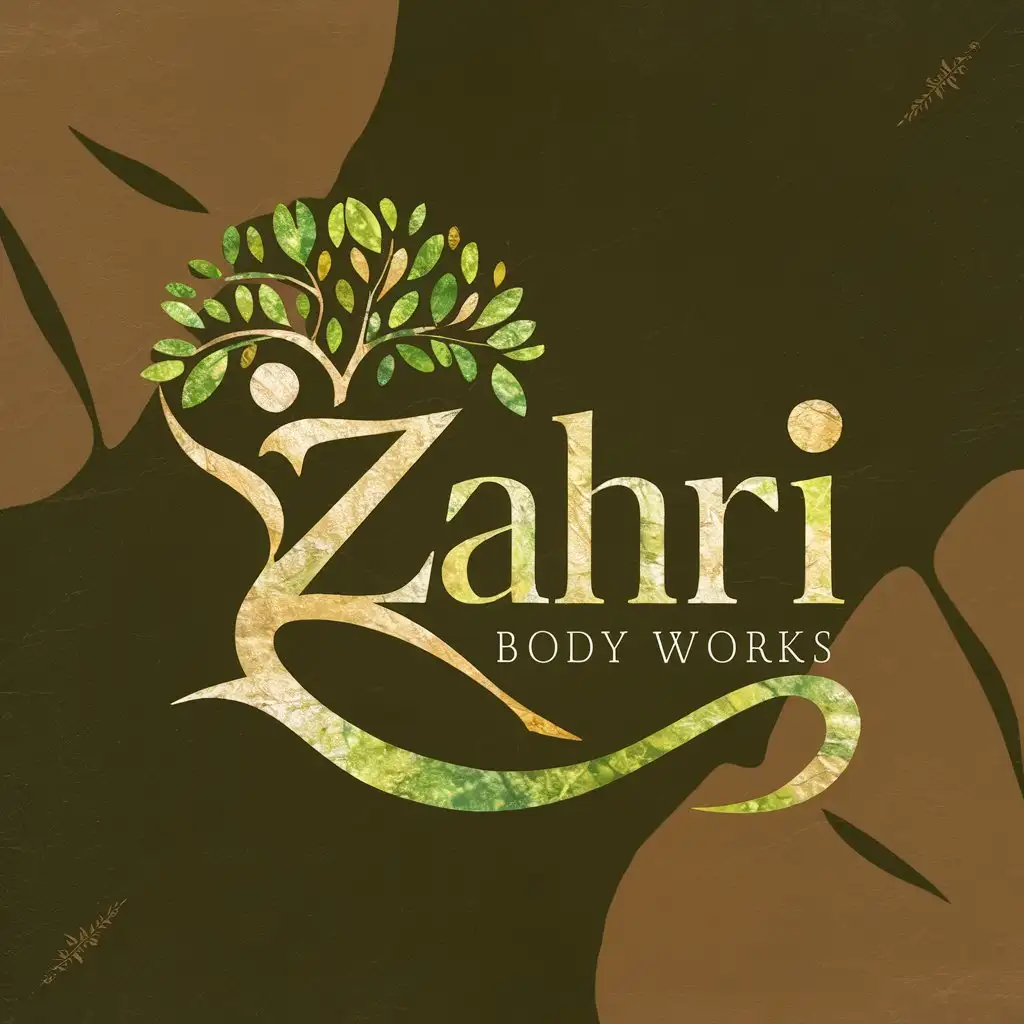 a logo design,with the text "Zahri Body Works", main symbol:a logo design,with the text 'Zahri Body Works', main symbol:Symbol: A combination of a tree and a human figure, where the branches of the tree seamlessly form the shape of a person. This symbolizes growth, natural healing, and holistic wellness. Color Palette: Earthy tones such as deep greens and browns, reflecting a connection to nature and holistic health. Typography: A warm, inviting serif font with a slight flourish to give it a natural and organic feel. ‘Zahri’ could be styled in a cursive or script font to add a personal touch, while ‘Body Works’ is in a clean, readable font. Design Elements: Use of organic shapes and textures to enhance the natural and holistic theme.,Moderate,clear background,complex,clear background