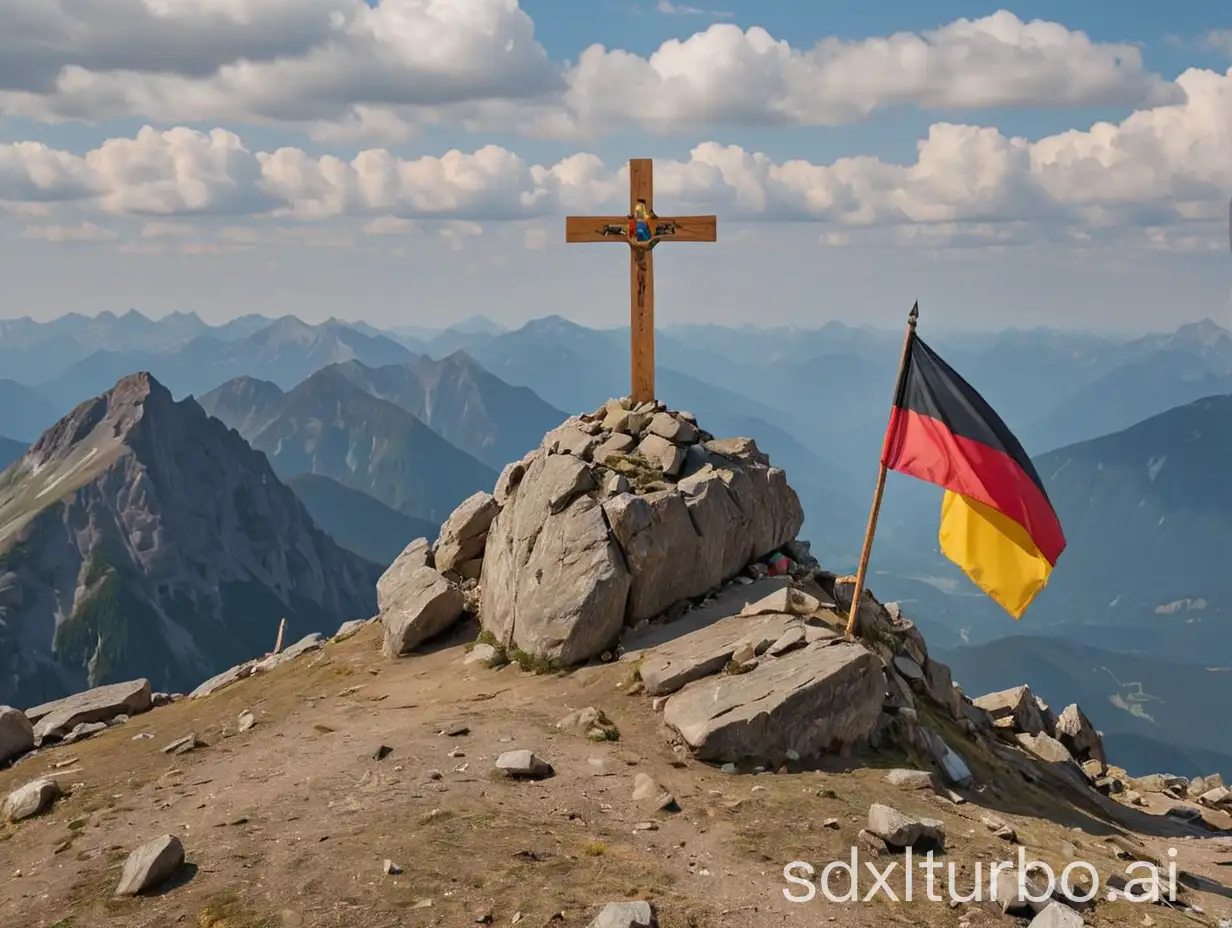 A mountain on whose summit a wooden cross with German flags stands