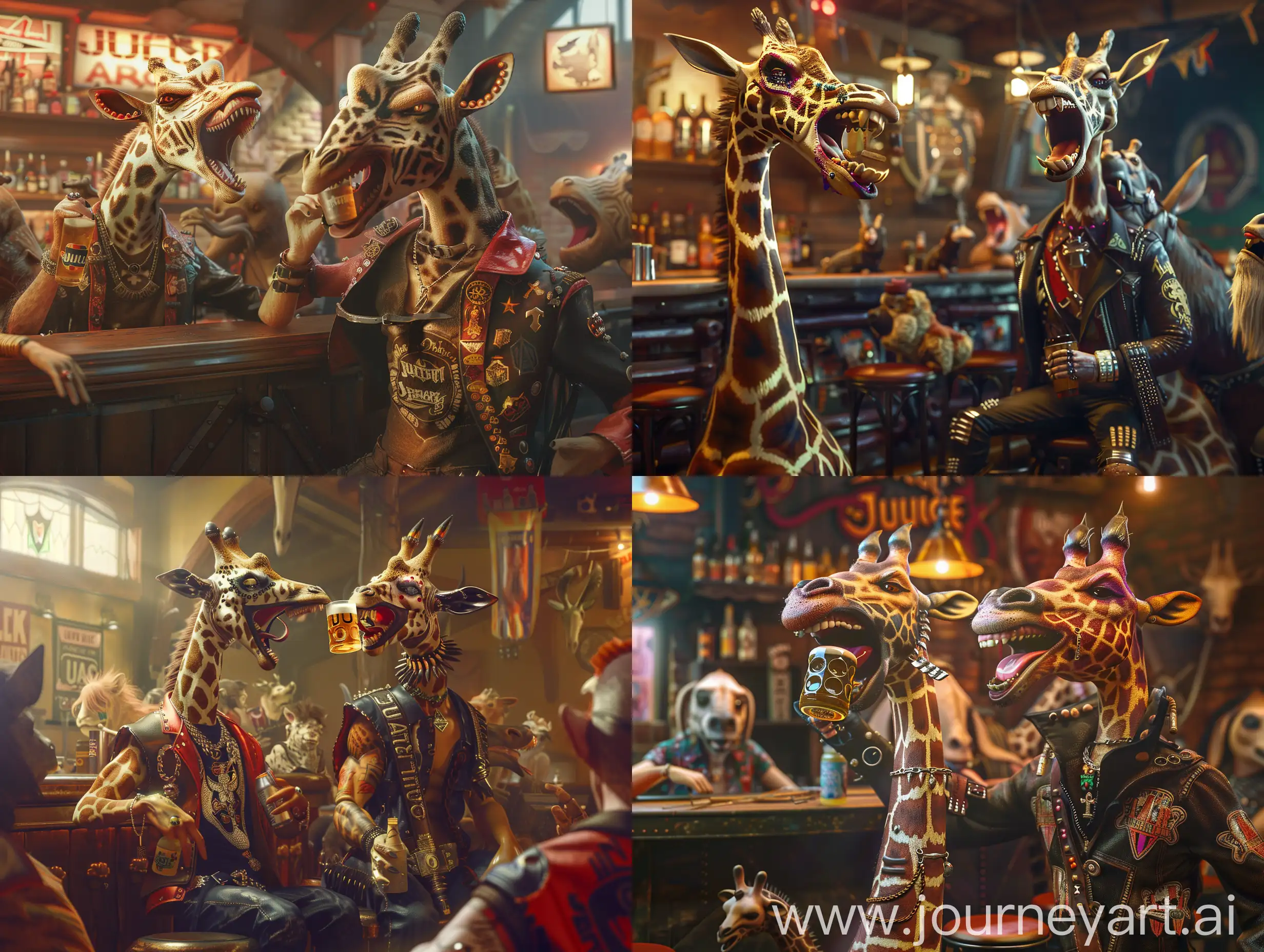 create a photorealistic CGI style image. 2 characters. 2 anthropomorphic giraffes with heavy metal makeup wearing Motörhead and Judas Priest clothes, drinking a beer on a stool in a bar with other animals. the are having fun and laughing. --s 1000