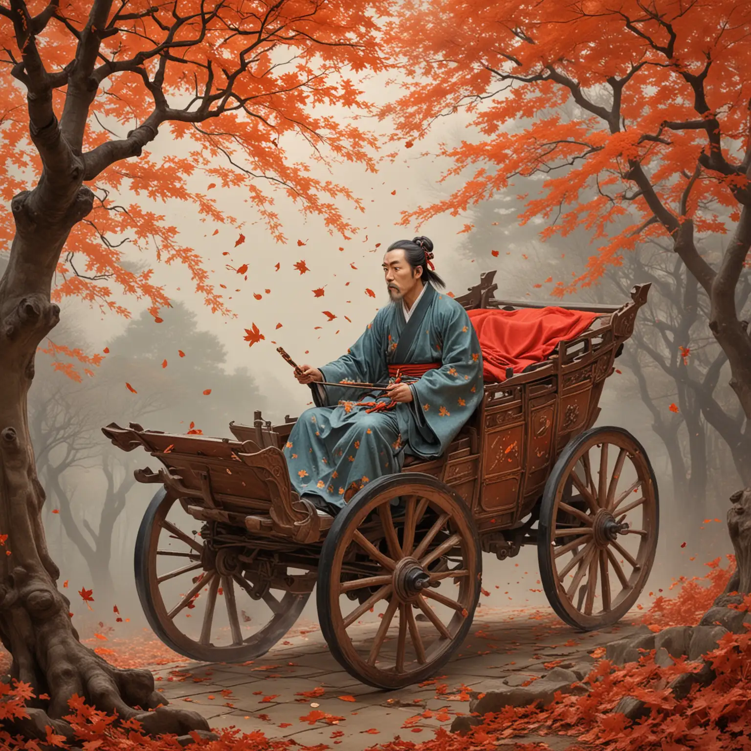 杜牧坐在马车里面看到漫天的枫叶，所以写下了《山行》。要求出现古诗里面的画面