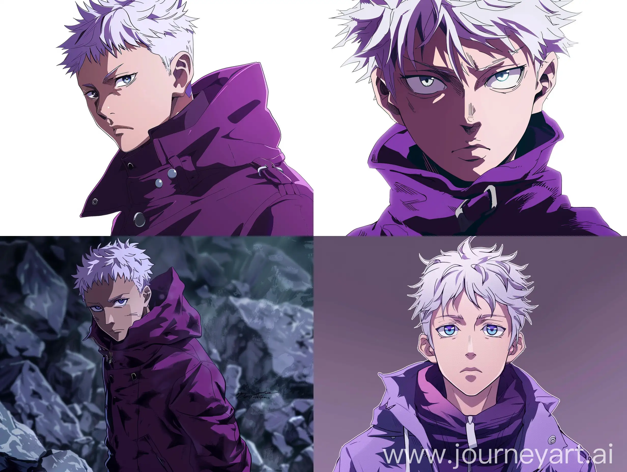 18-year-old boy, with white skin, white hair cut medium. He has blue eyes, white eyebrows. Jujutsu kaisen anime 2d style. Wearing a purple coat