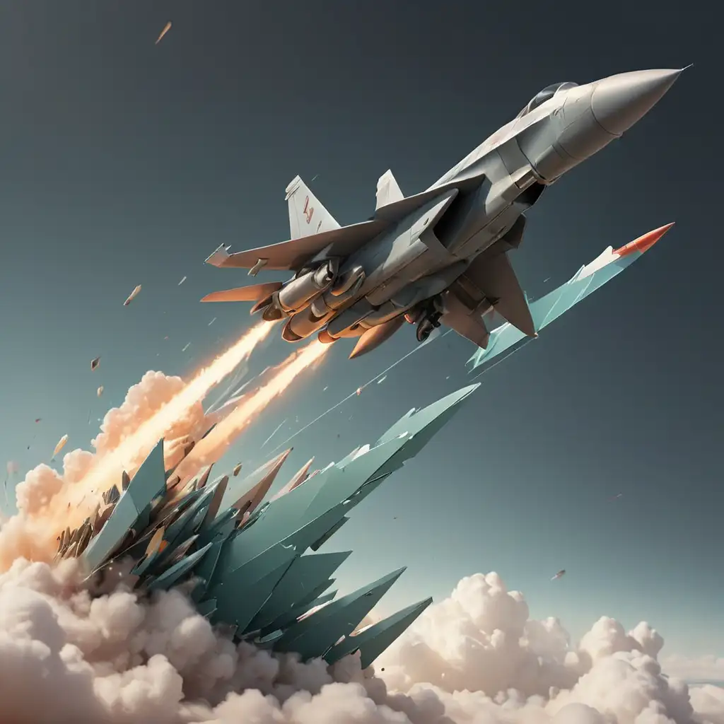 Create an image depicting an abstract upward trend line breaking through a rectangular barrier, symbolizing a stock breakout. Include elements of digital technology and a hint of a defense and aerospace theme (fighter jet and rocket). The image should convey a sense of breakthrough and growth, using soft natural hues with bright accents, aligned with a professional financial analysis context. The background should be a soft gradient to not distract from the main theme.