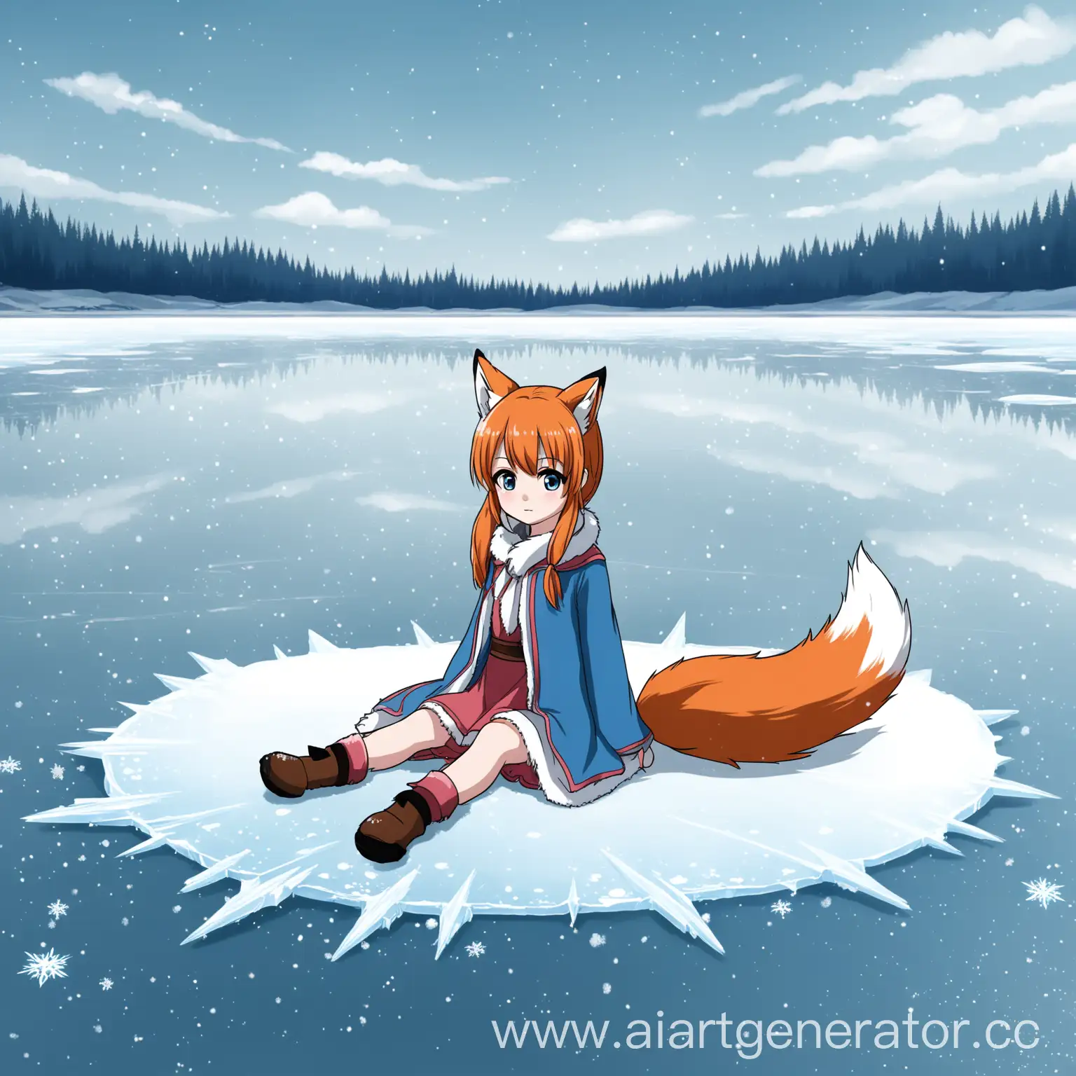 Нарисуй красивую маленькую девочку с лисьим хвостиком которая сидит на замерзшем озере в аниме стиле