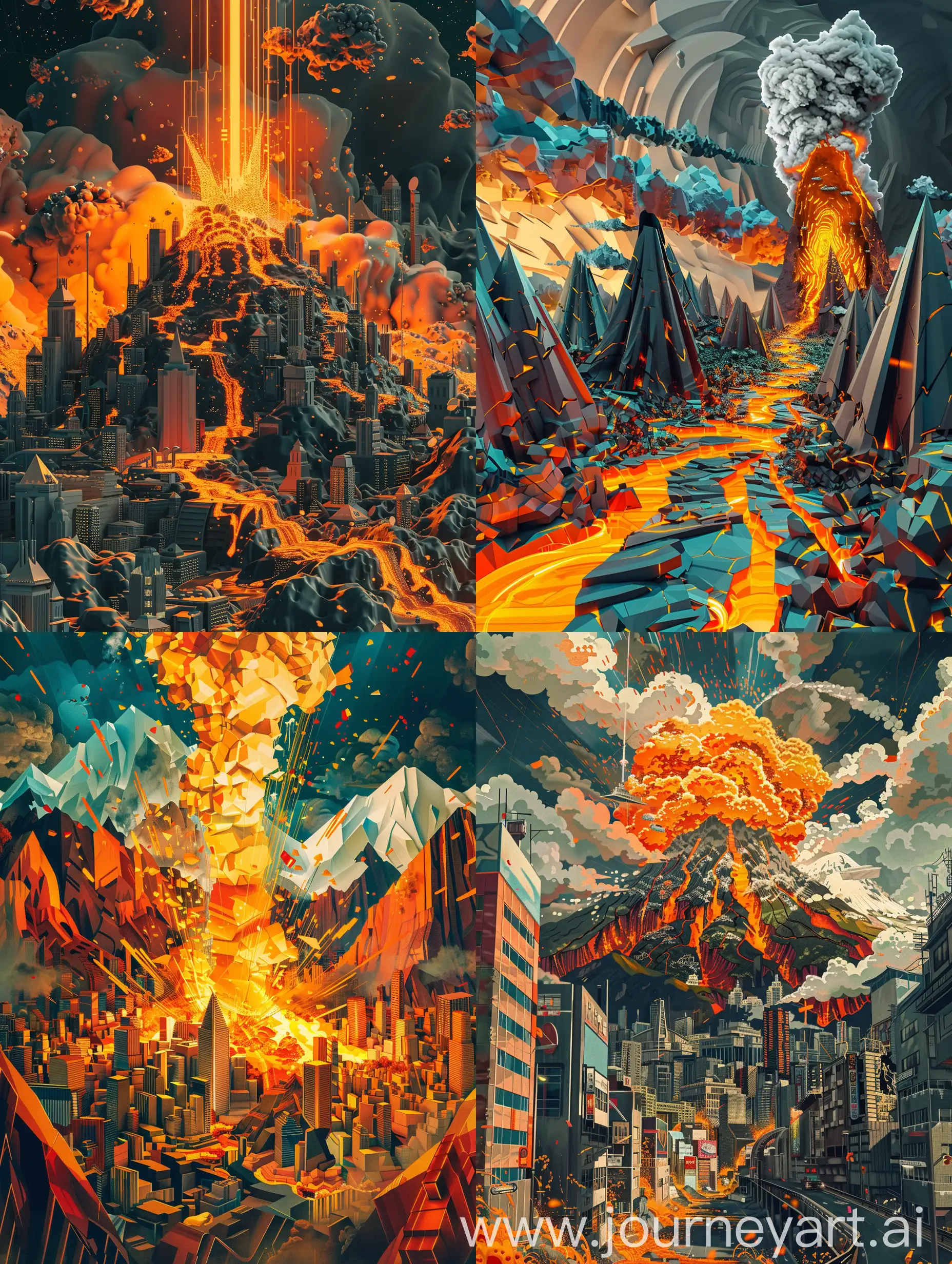 32k resolution, intricately detailed DeviantArt illustration of a surreal, fantastical volcano with smoldering, orange-gold metallic lava that is spewing out and creeping through the city destroying everything in its path. Neo-Cubism, layered overlapping geometry, art deco painting, geometric fauvism, layered geometric vector art, maximalism; V-Ray, Unreal Engine 5, angular oil painting
