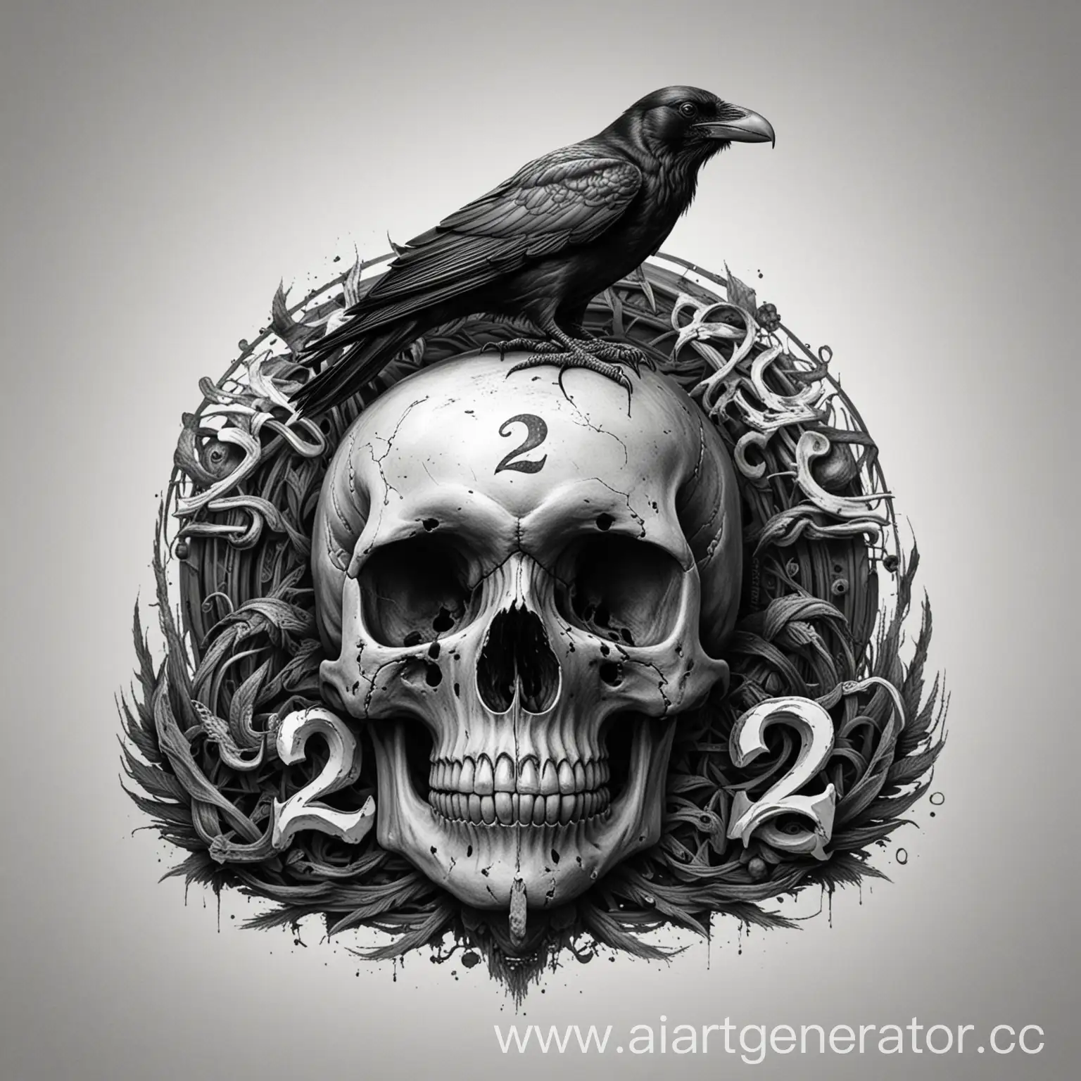 Mystical-Raven-Perched-on-Skull-Enigmatic-Symbolism-in-Monochrome