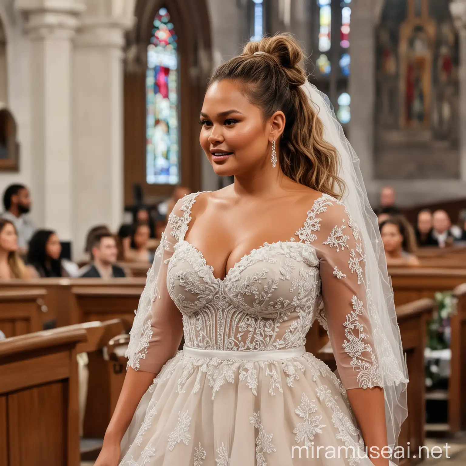 Chrissy Teigen wearing a short wedding dress in church, bbw, big long kinky hair in a ponytail, showing massive, zoomed in from the waist up 