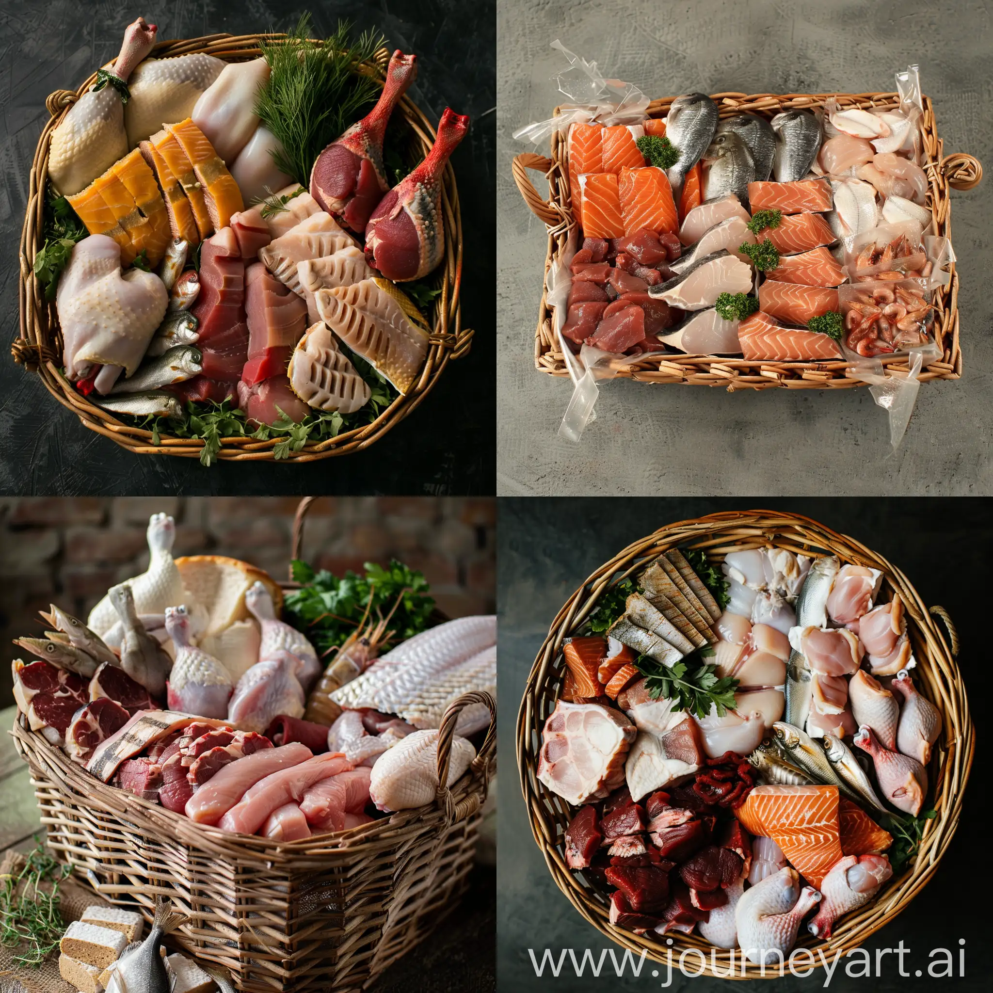 Photo of a basket full of poultry and 
fish products

