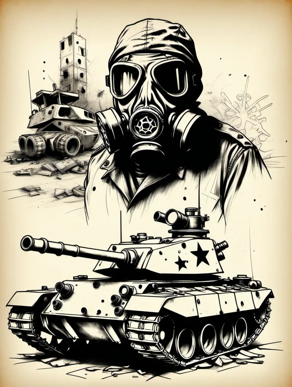 Military Tank with Star Next to Abandoned Gas Mask Sketch