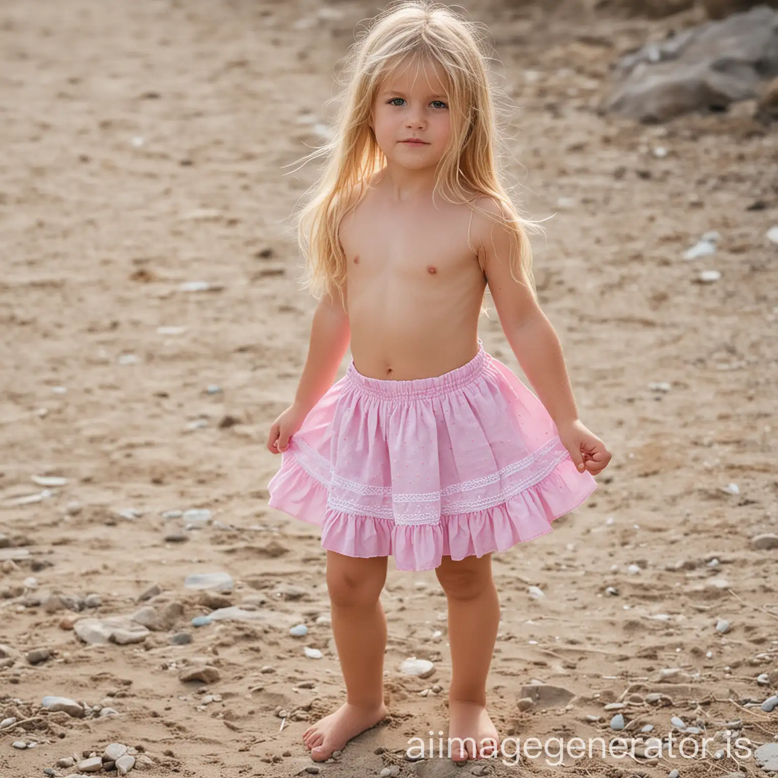 Adorable 7YearOld Blonde Girl in Pink Skirt Standing Barefoot | AI Image  Generator