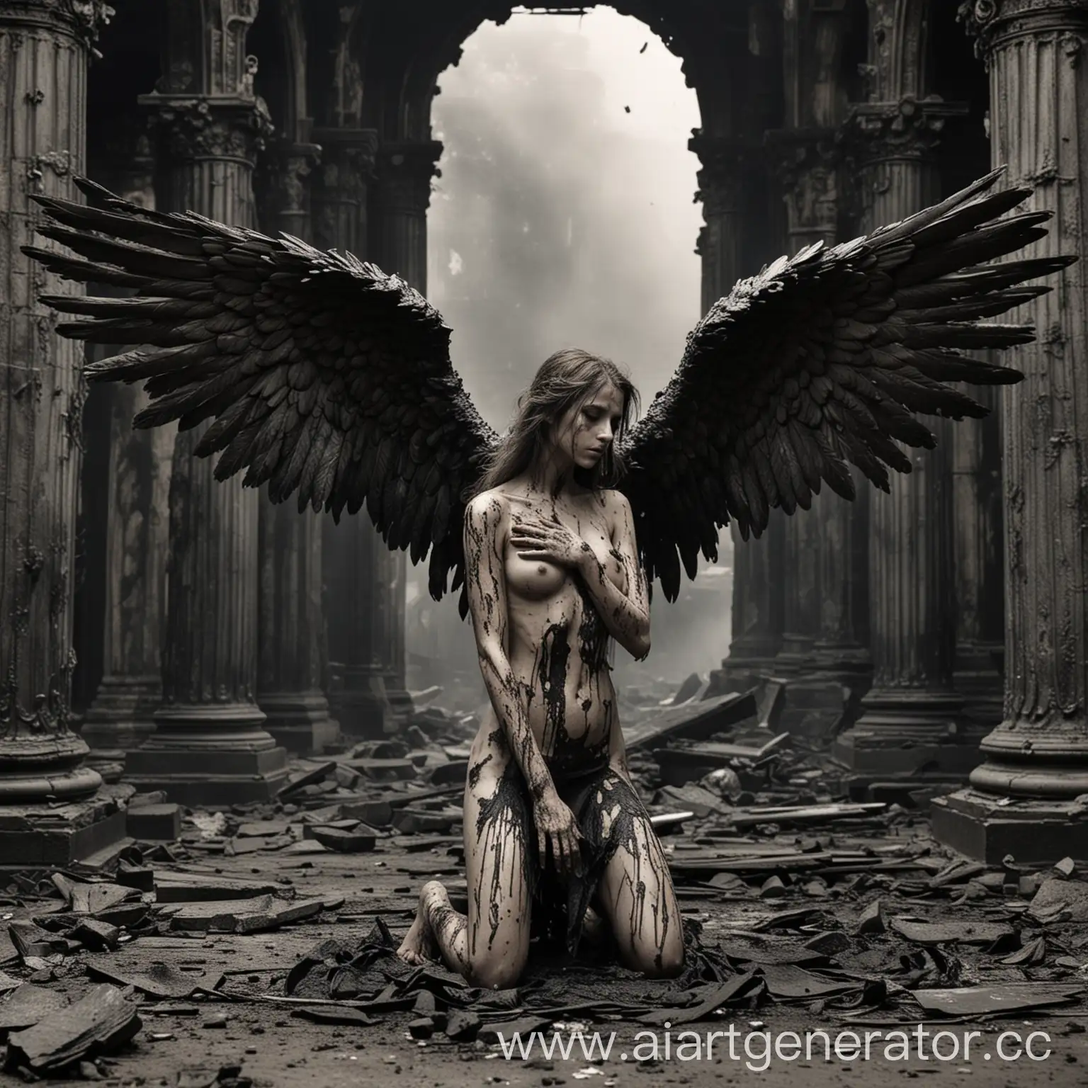 Fallen-Angel-Kneeling-Before-Temple-with-Disheveled-Wings-and-Charred-Arm