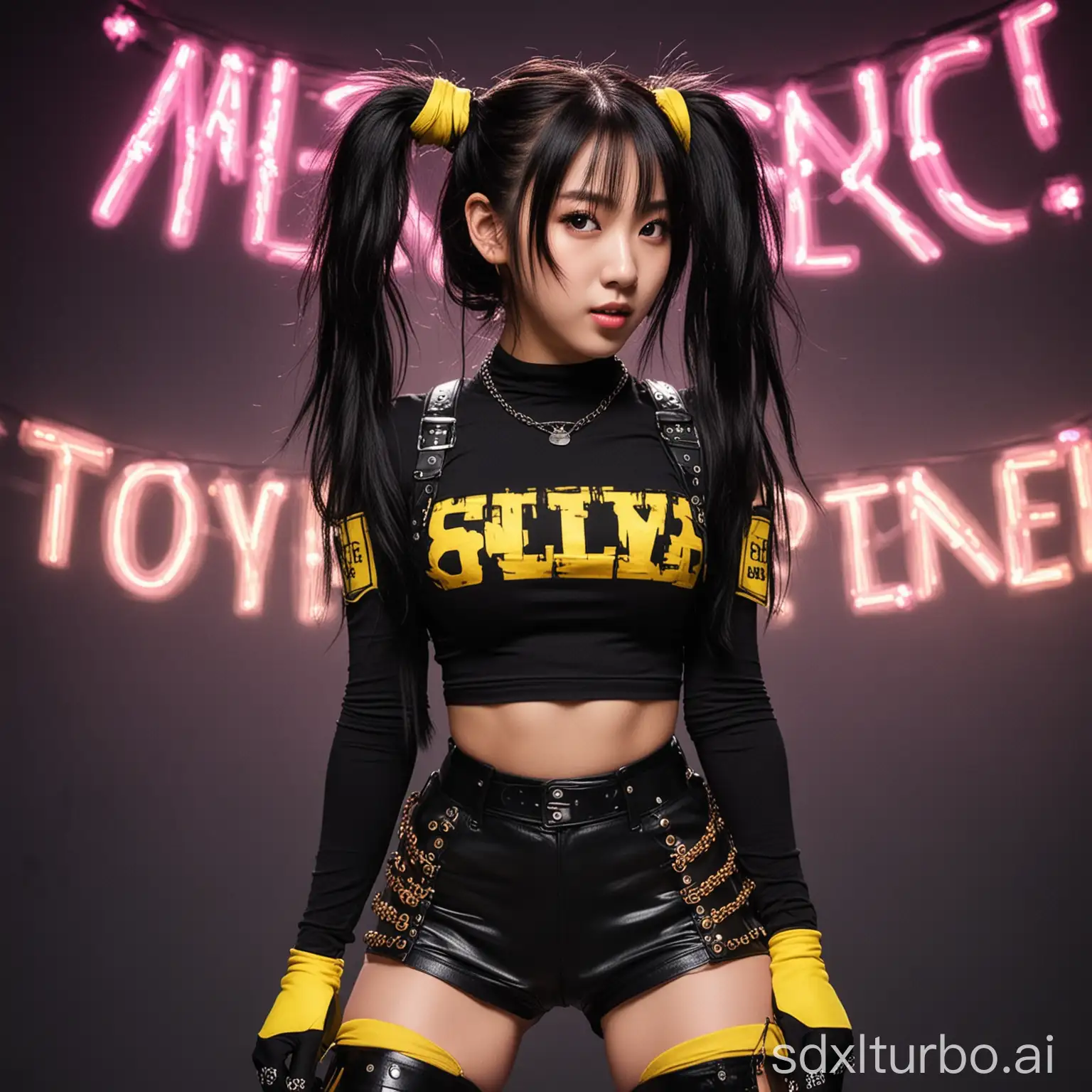 (masterpiece,best quality,beautiful detailed face), from angle, 1 beautiful girl/Kpop girl,Black hair(pigtails hairstyle),Mouth mask, Black Crop Top,Black shorts,gloves,belts,Neck collar, On stage, colorful lights, spark,  dark background, realistic photography, detailed the inscription on the short black top glows in neon letters yellow “GPTunneL” --no pony, draw, old age, censored, furry