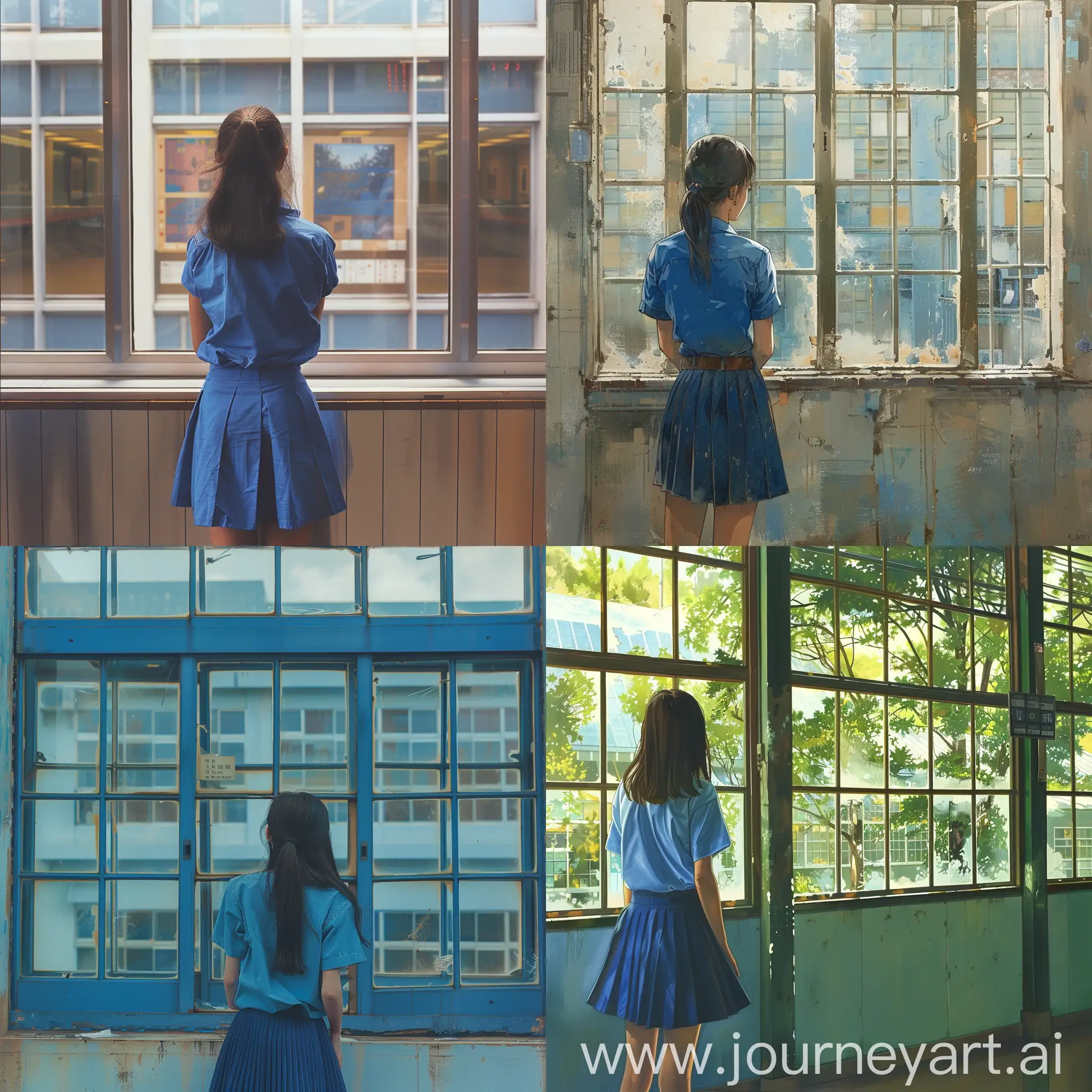 Девушка в синей рубашке и юбке задумчиво смотрит в окна учебного заведения.
