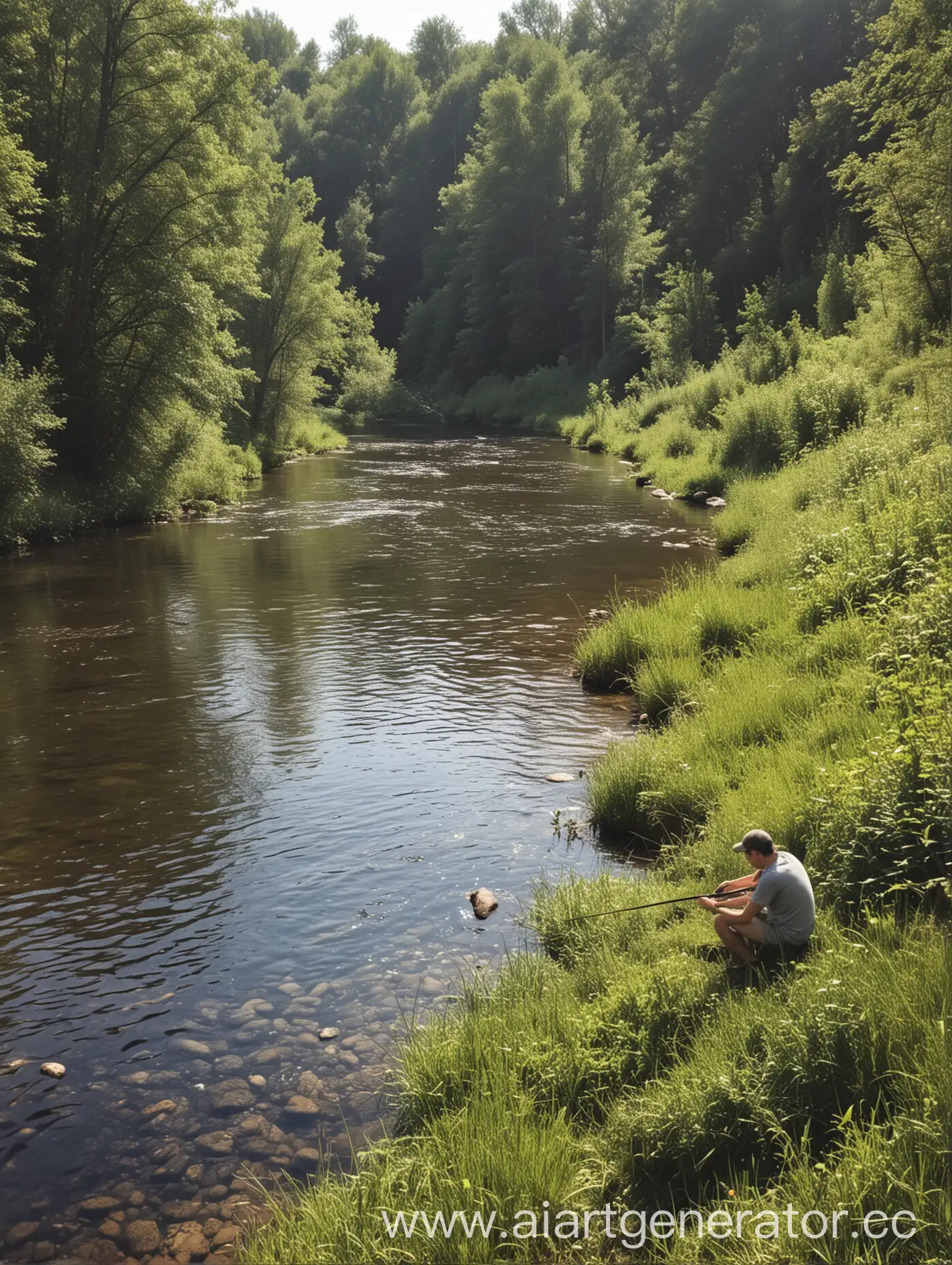 Summer-Fishing-by-the-Riverside-Tranquil-Scene-of-Anglers-Enjoying-River-Fishing