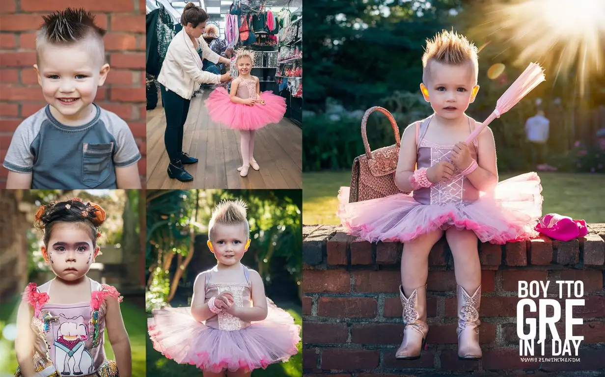 Gender role-reversal, collage Photographs of a mother taking her young son, a boy age 8, to get pampered: the first photograph shows the white British boy as he originally was wearing a grey t-shirt and shorts with short smart spiky hair shaved on the sides; then she takes him to a shop where she is dressing the boy up in a pink ballerina tutu dress with the same spiky hair shaved on the sides; then she sits him on her knee at home and covers his cute face with thick heavy makeup while he wears his beautiful new ballerina dress with the same spiky hair shaved on the sides, the final photograph shows the boy in his lovely new ballerina dress and lovely complete makeup with the same spiky hair shaved on the sides, he is sitting in a pair of little pink high-heel boots holding a little handbag and a little parasol sitting on a little brick wall in the garden on a sunny day while his mummy is giving him a hug, consistency, adorable, perfect children faces, perfect faces, clear faces, perfect eyes, perfect noses, smooth skin, top captions “boy to girl in 1 day”