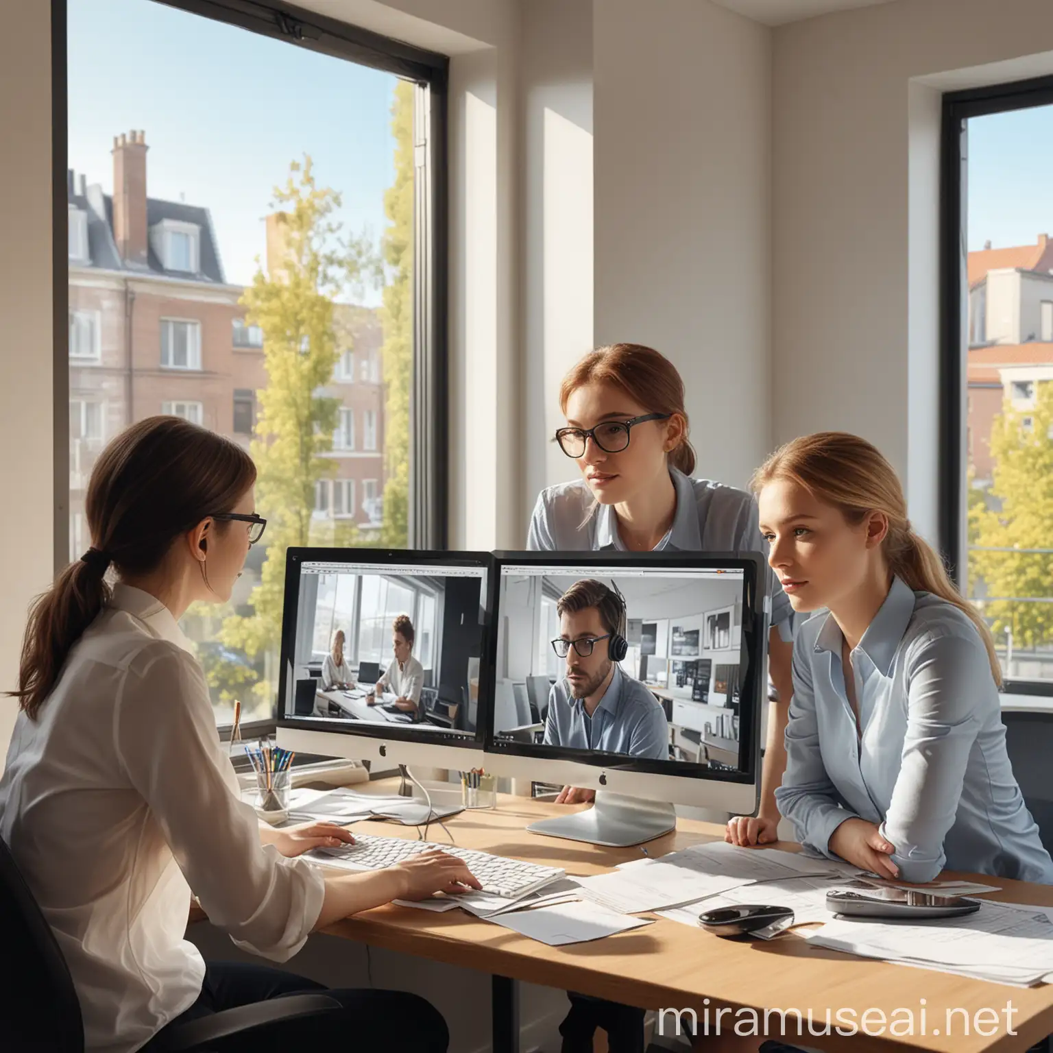 3 people in the office look at the monitor in realism style, outside the window on a sunny day STYLE - REALISM, as photo 