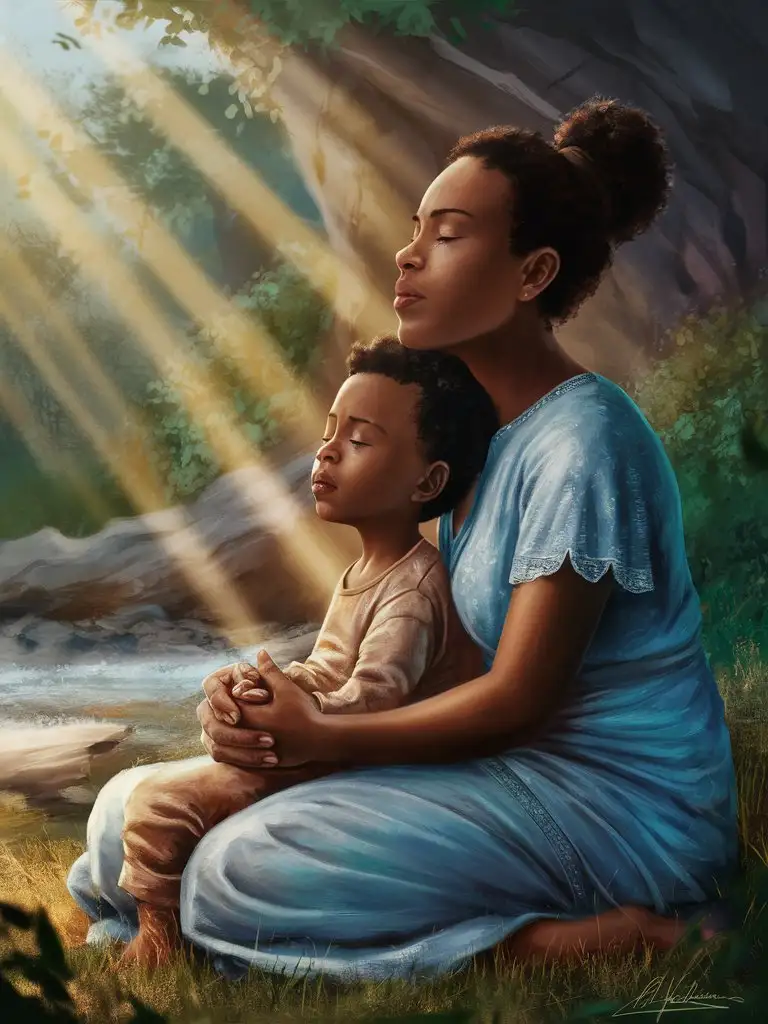 Digital painting of an ethnic mother and child sharing a moment of quiet reflection in nature, marveling at the beauty of creation and offering prayers of thanks and praise to God for His blessings, showcasing the spiritual connection between nature, faith, and a Christian mother's love.