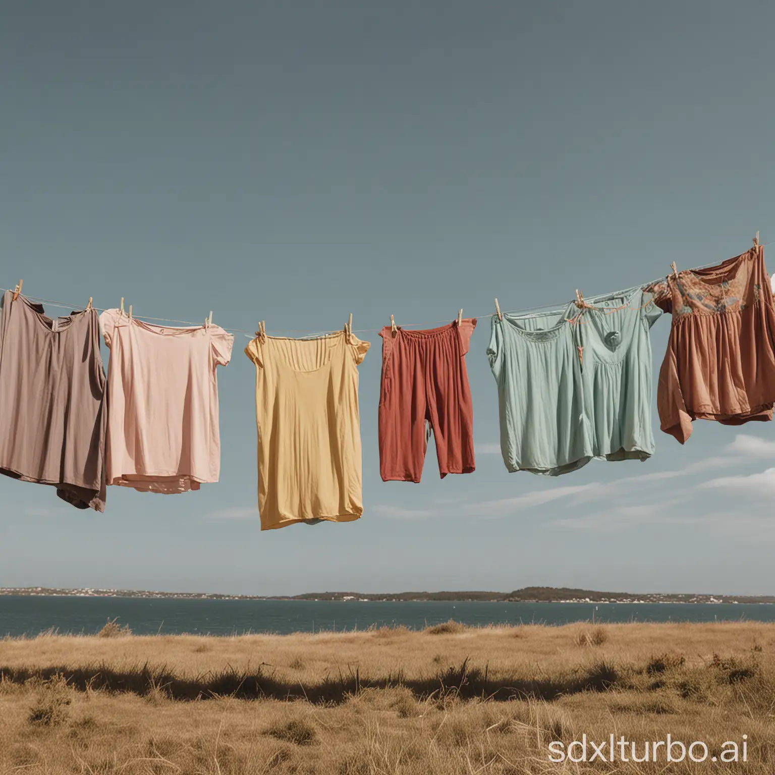 A variety of clothes in different designs, colors, and fabrics are hanging on a clothesline. The clothes are blowing in the wind, creating a sense of movement and energy.