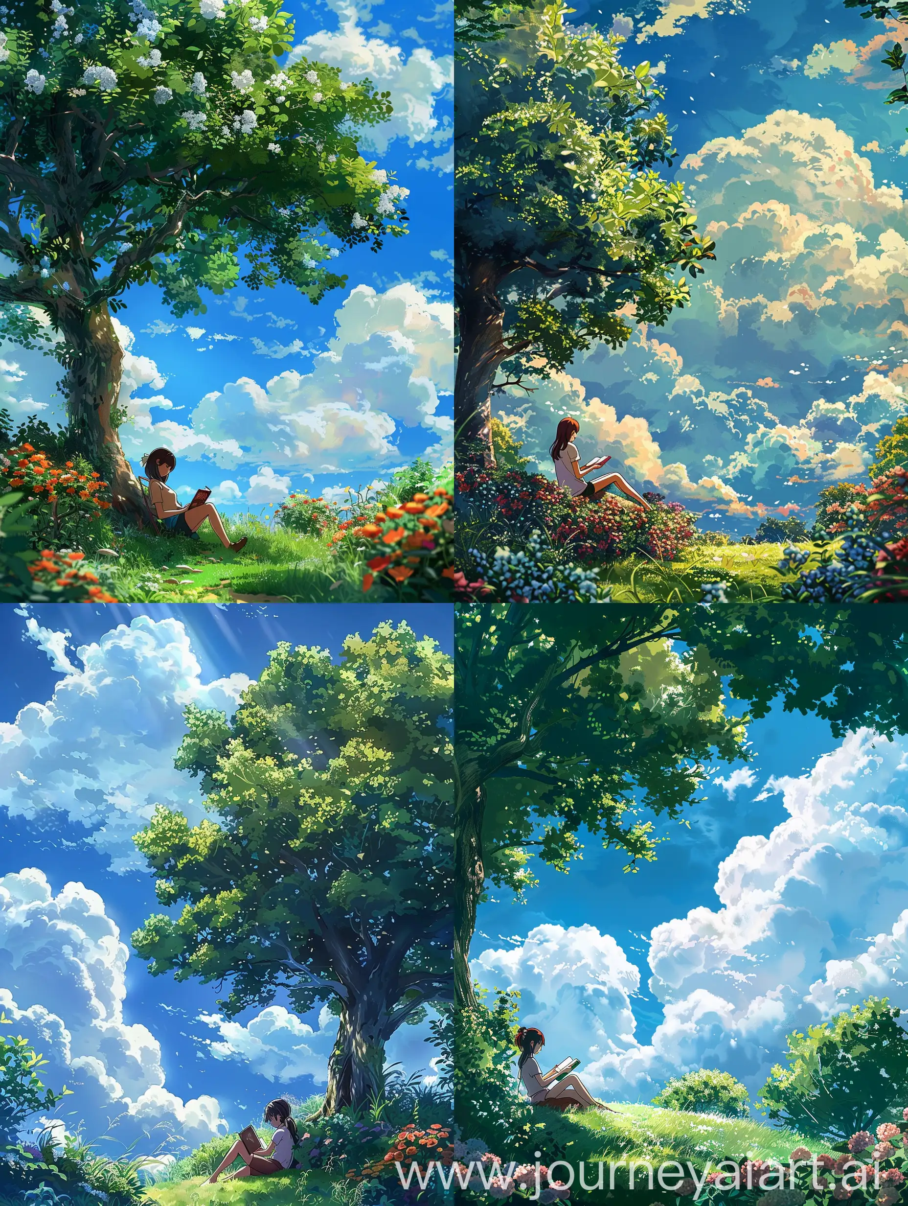 Woman-Reading-Under-a-Tree-in-Anime-Garden-Inspired-by-Makoto-Shinkai