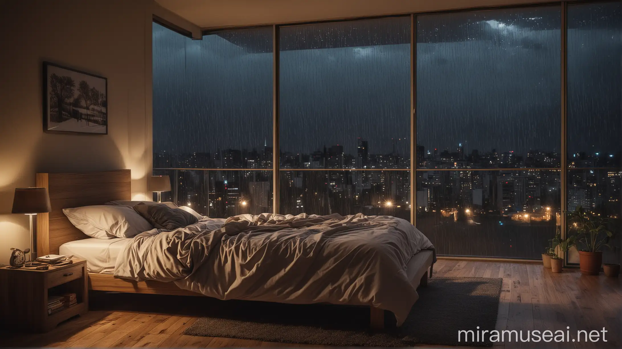 kamar tidur malam hari 
dengan suasana hujan